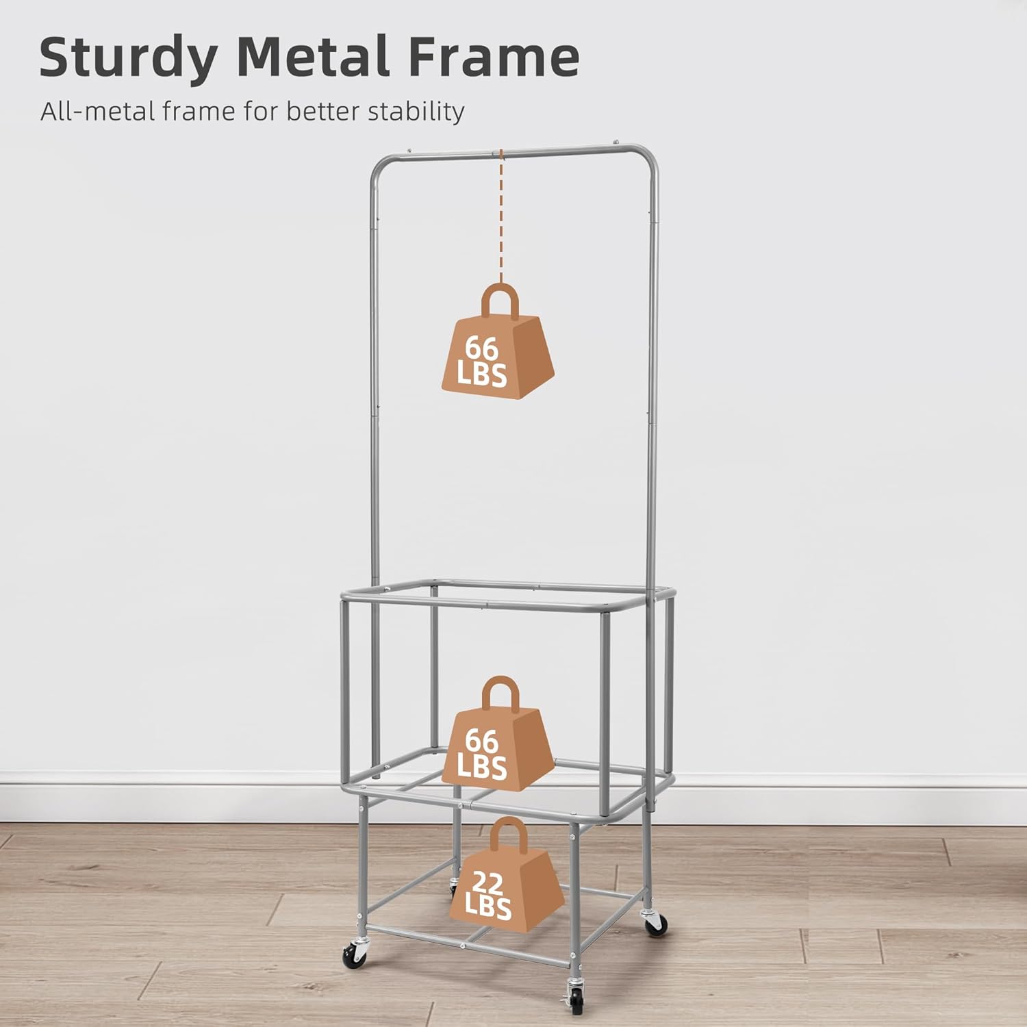 STORAGE MANIAC Rolling Laundry Cart with Hanging Bar & Storage Shelf, 110L Heavy Duty Large Laundry Basket with Clothes Hanging Rod, Study Clothes Hamper with Lockable Wheels, Beige