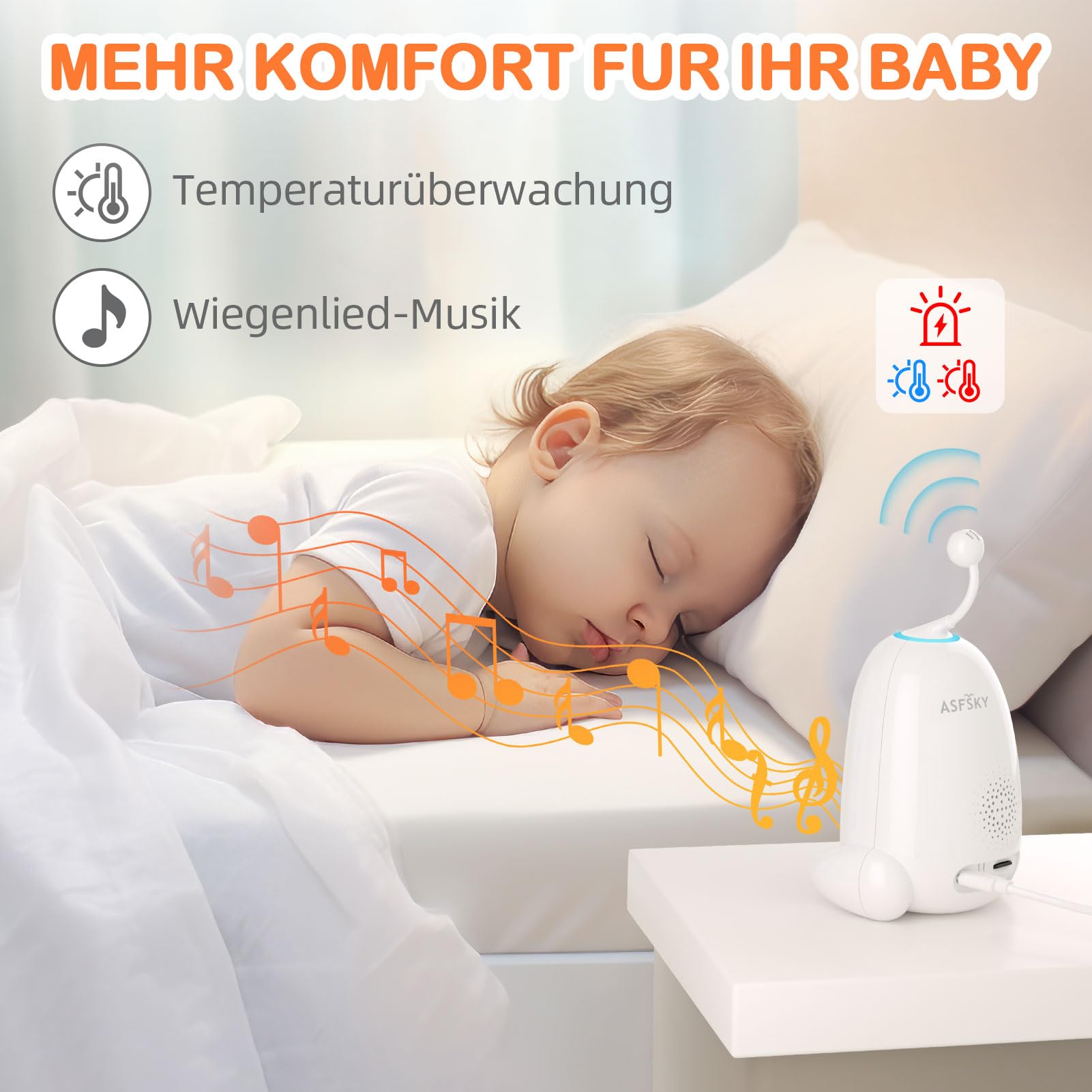 ASFSKY Moniteur pour bébé, babyphone avec caméra, écran HD 5", détection de Serre, Vision Nocturne Infrarouge, Audio bidirectionnel, 8 musiques, Enregistrement vidéo, Mode VOX (Blanc)