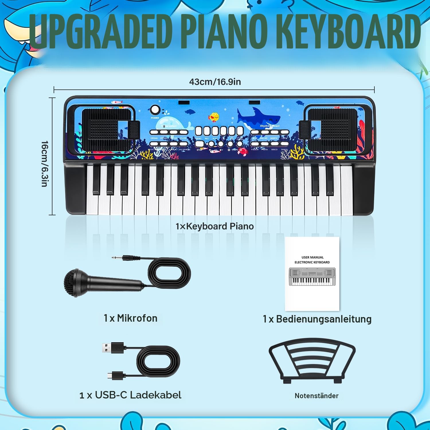 Kinder Keyboard Klavier mit Mikrofon Notenständer, 37 Tasten Tragbare Elektronische Kinderklavier Musik Spielzeug ab 3 4 5 6 Jahren, Geburtstag Weihnachten Geschenke für Jungen/Mädchen, Schwarz