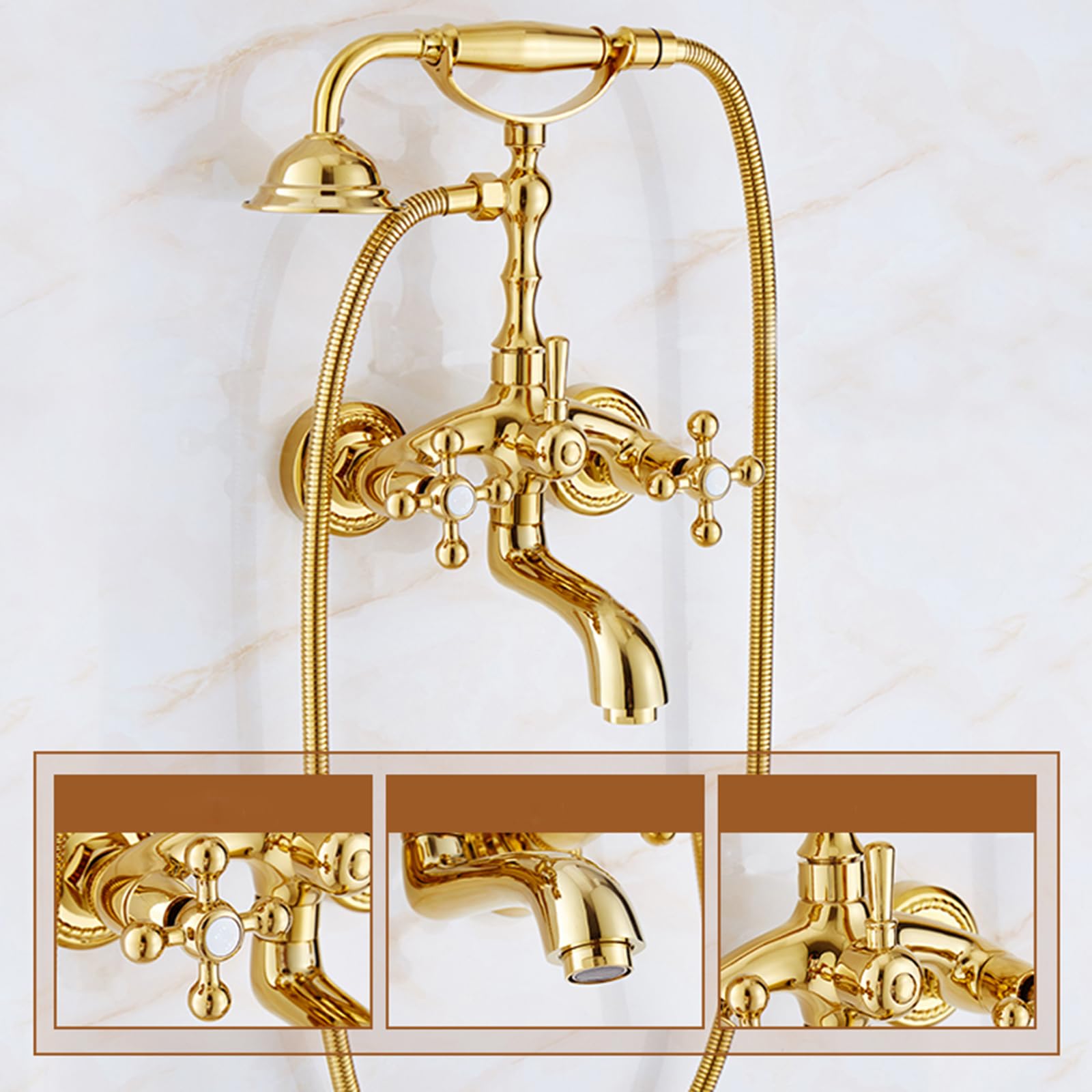 Rubinetto Vasca Con Doccetta In Oro Anticato - Miscelatore A Parete Due Maniglie - Foto 13