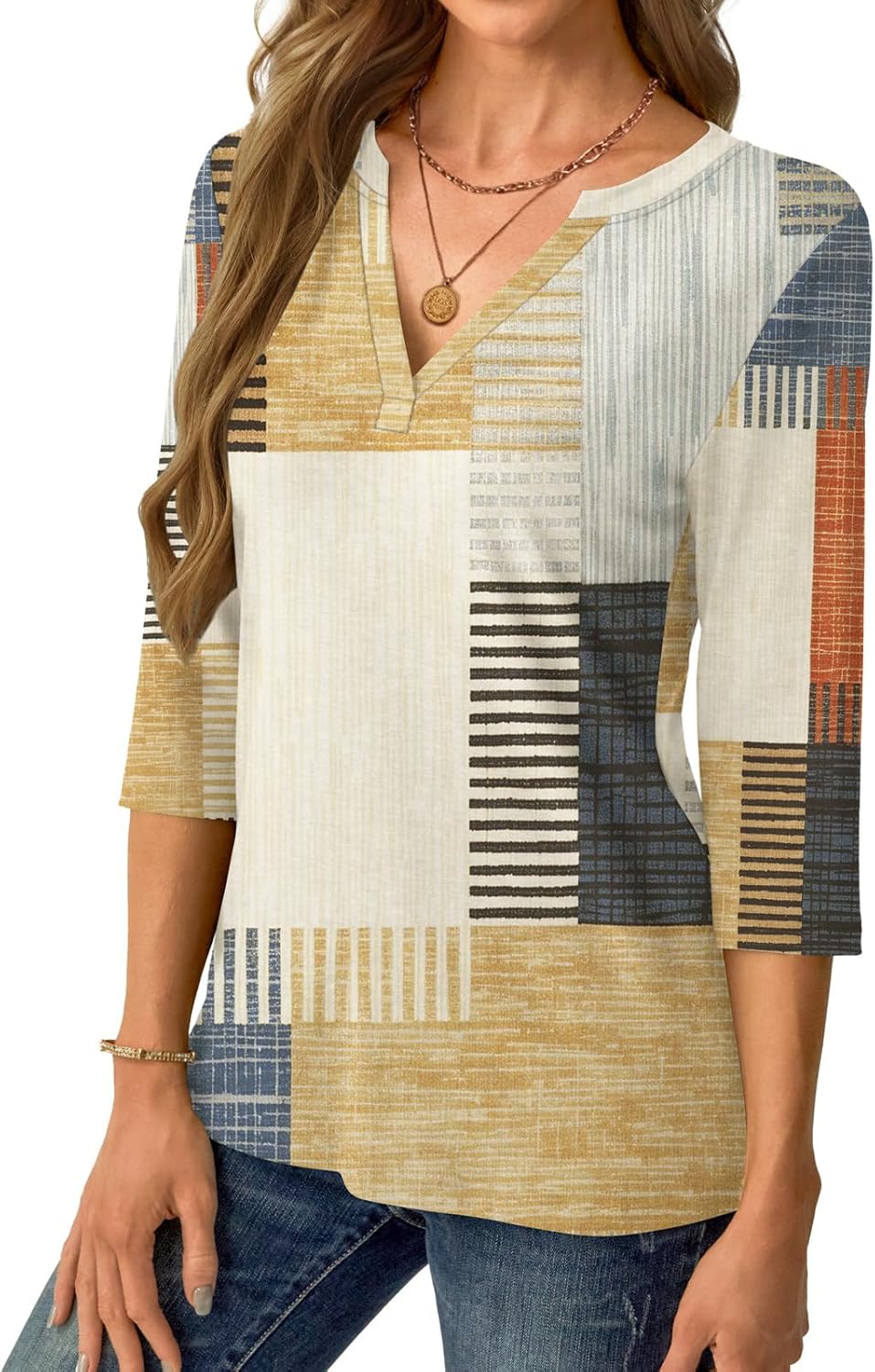 Womens Tops 3/4 Sleeve V Neck Spring Summer Work Tunic Shirts Business Dressy Casual Blouses - Image 4