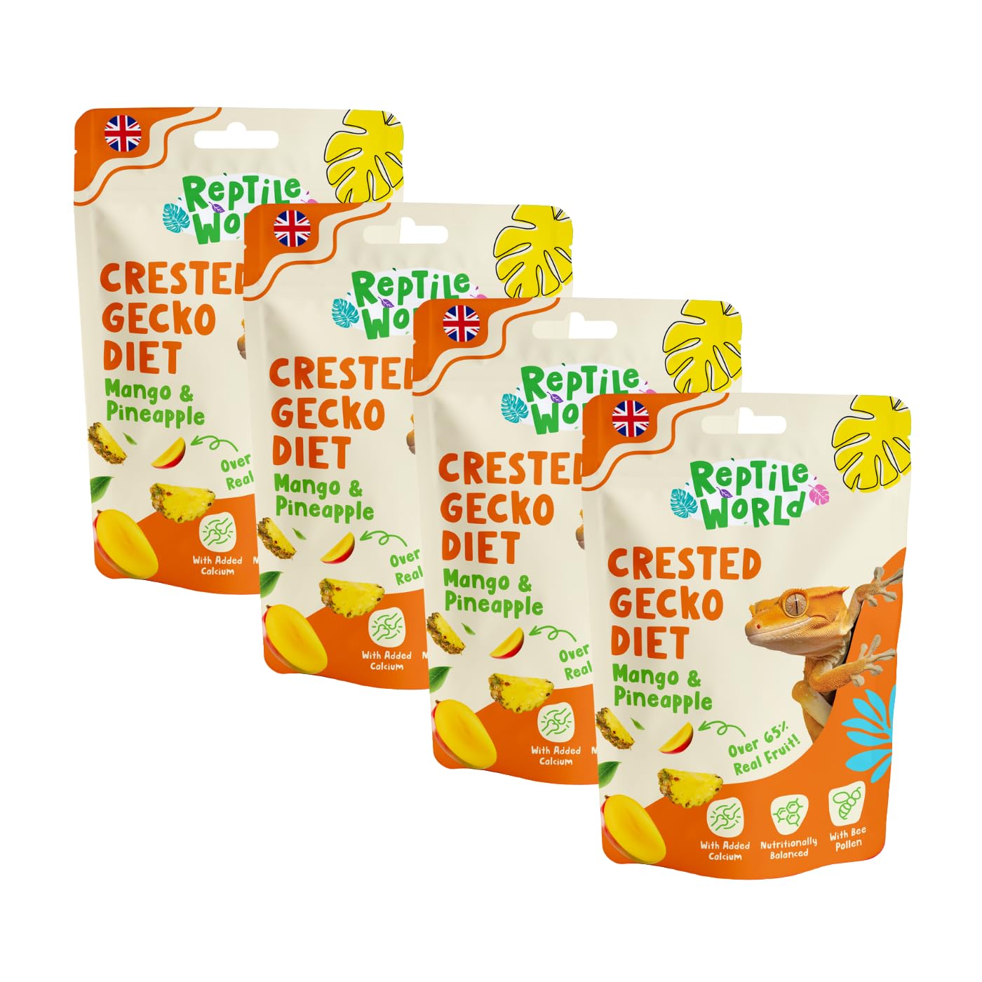 Reptile World Crested Gecko Diet - Mango & Pineapple 60g x 4 | Complete Food for Geckos, All Natural, 65% Real Fruit, Made in the UK