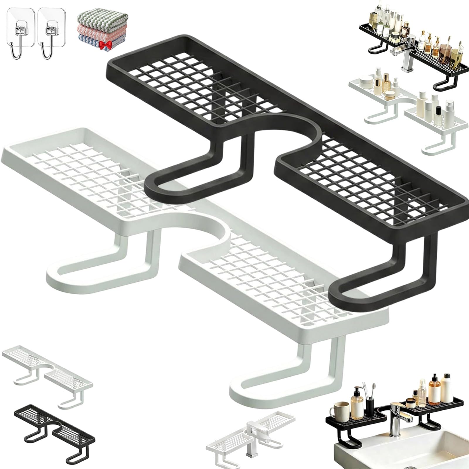 Jmwub Behind the Faucet Sink Organizer, Waterproof & Rustproof No Drill U Shape Shelf, No-Drill Bathroom Countertop Storage Rack for Kitchen, Bathroom, Shower, Space-Saving (2PC-black+white)