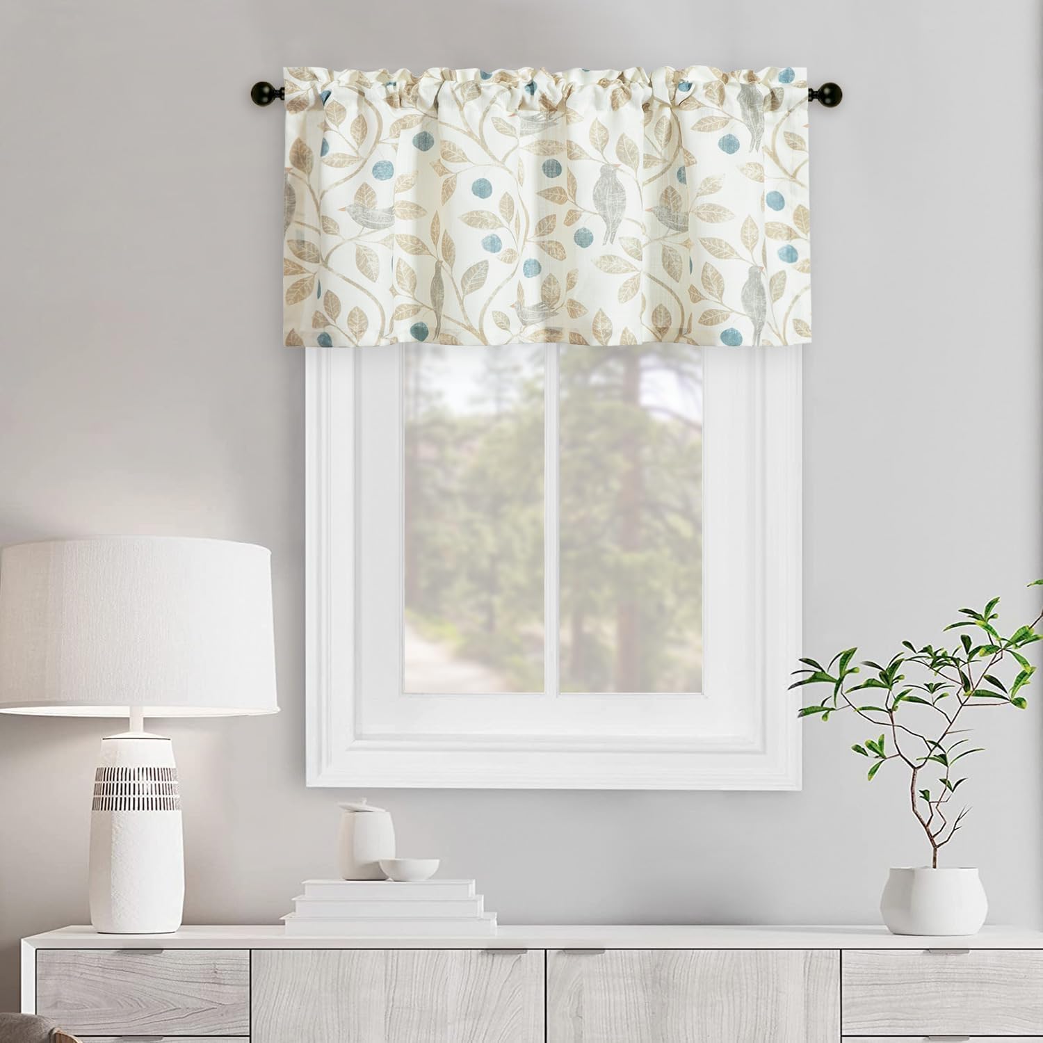 VOGOL Country Style Kitchen Curtains Valance, Birds Print Rod Pocket Drapes for Living Dining Room, Bundle with Light Filtering Tier Curtains, 42 x 18 & 30 x 24