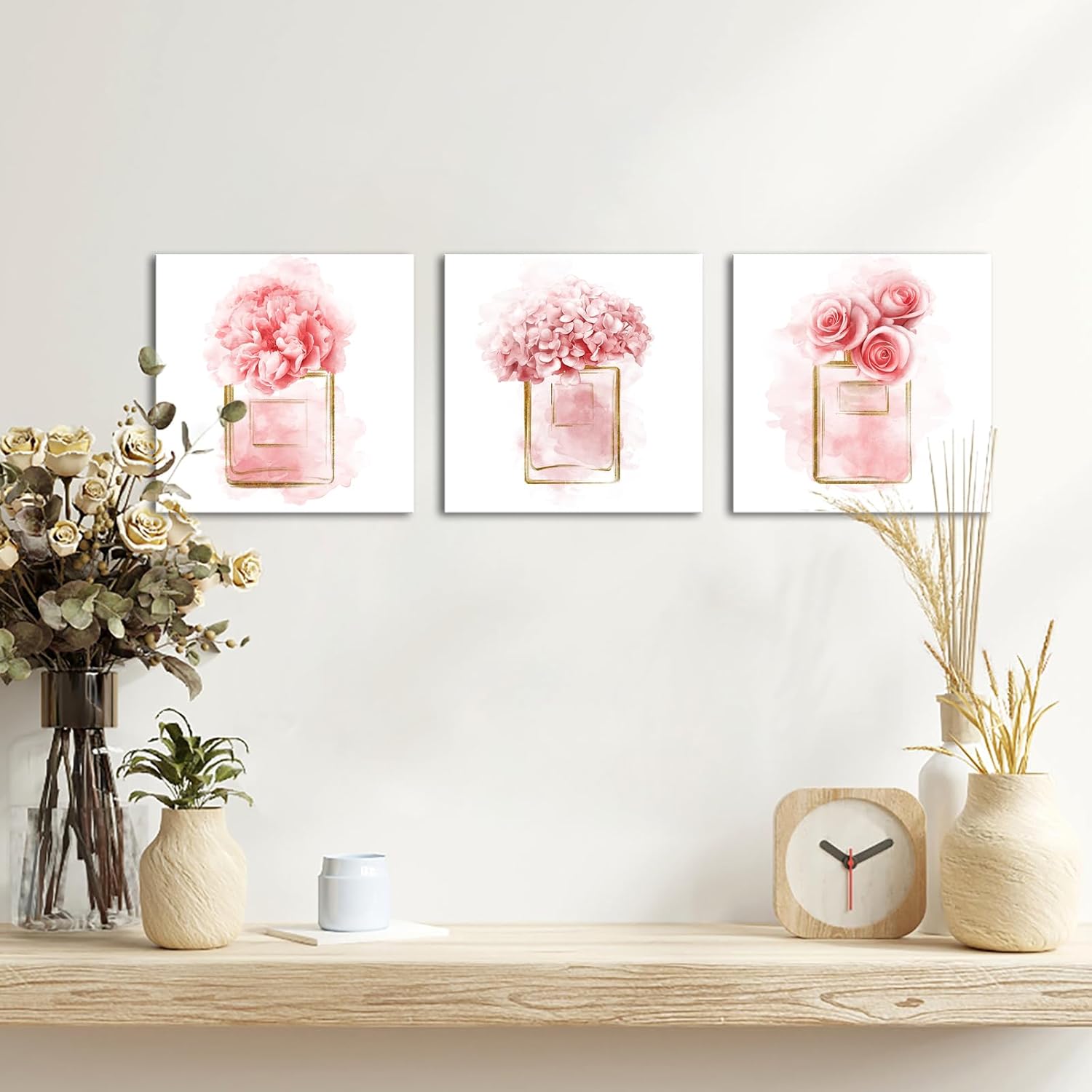 Apicoture Pink Flower Wall Art Pink Floral Perfume Bottle Wall Art Fashionable Perfume Floral Wall Deocr for Bathroom Womens Girls Dressing Room Bedroom Wall Decor Ready to Hang12 X12 X3