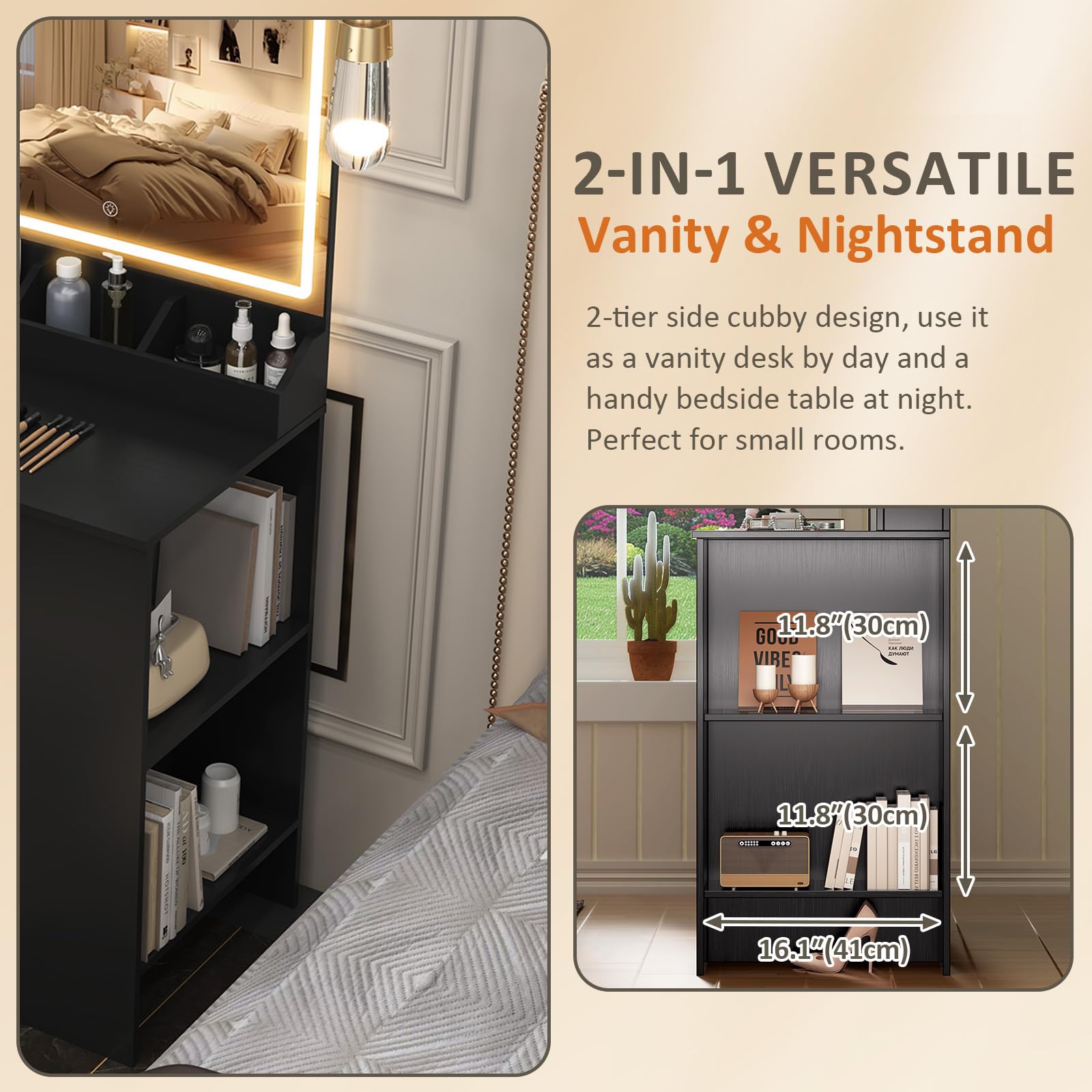 Toeletta Trucco con Specchio Luci LED, 4 Cassetti 6 Ripiani e Mobile Laterale, Postazione Trucco, Nero Scrivania Trucco 80 cm