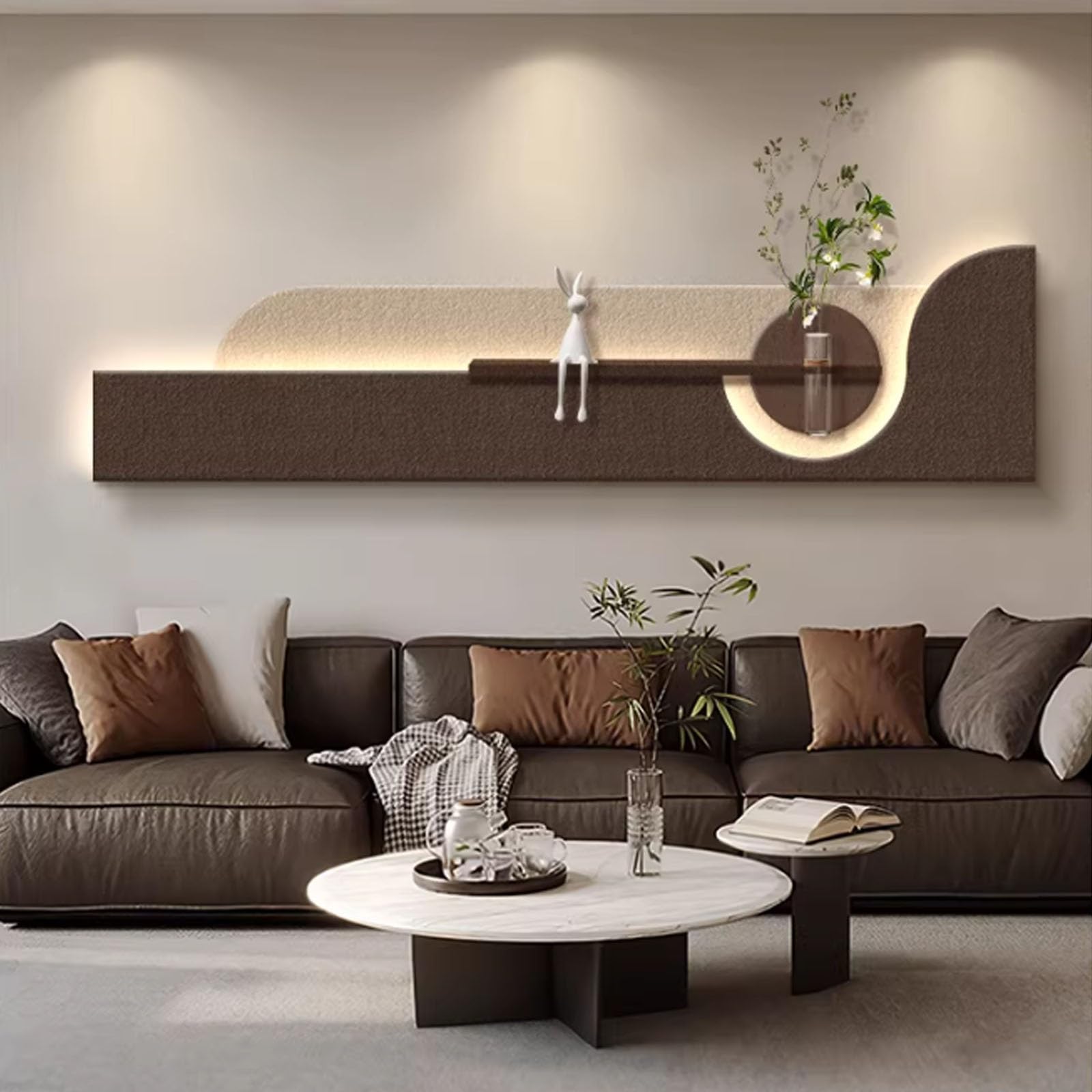 3D Sandstone LED Decorazione della Parete con Vaso di Vetro Finto della pianta, Scultura Moderna dell'Arte della Parete per Soggiorno, Camera da Letto, Ingresso - Beige 2, 120x30cm / 47.2x11.8''