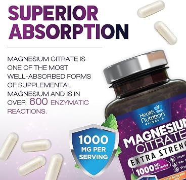 Magnesium Citrate 1000mg Per Serving - Max Absorption Magnesium Powder Capsules for Muscle, Nerve, Bone and Heart Health Support, High Absorption Citrate Complex, Gluten Free, Non-GMO - 60 Capsules