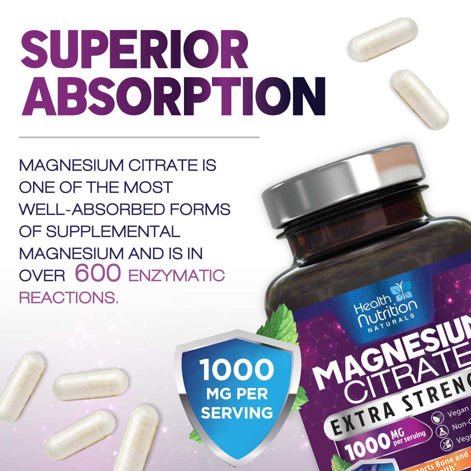 Magnesium Citrate 1000mg - Max Absorption Magnesium Powder Capsules for Muscle, Nerve, and Heart Health Support - High Absorption Citrate Complex for Men & Women, Vegan, Bottled in USA - 240 Capsules — Amazon image 5