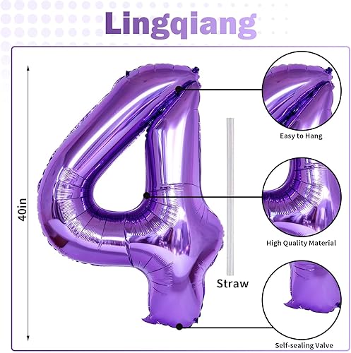 Miniatura 2 de Globos de cumpleaños número 40 púrpura, globos grandes de 40 pulgadas de mylar de aluminio número 4 y 0 púrpura para mujeres, globos de cumpleaños