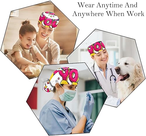 Miniatura 6 de Working Cap with Buttons Sweatband Ribbon Tie Back Bouffant Hats, White Cat Animal