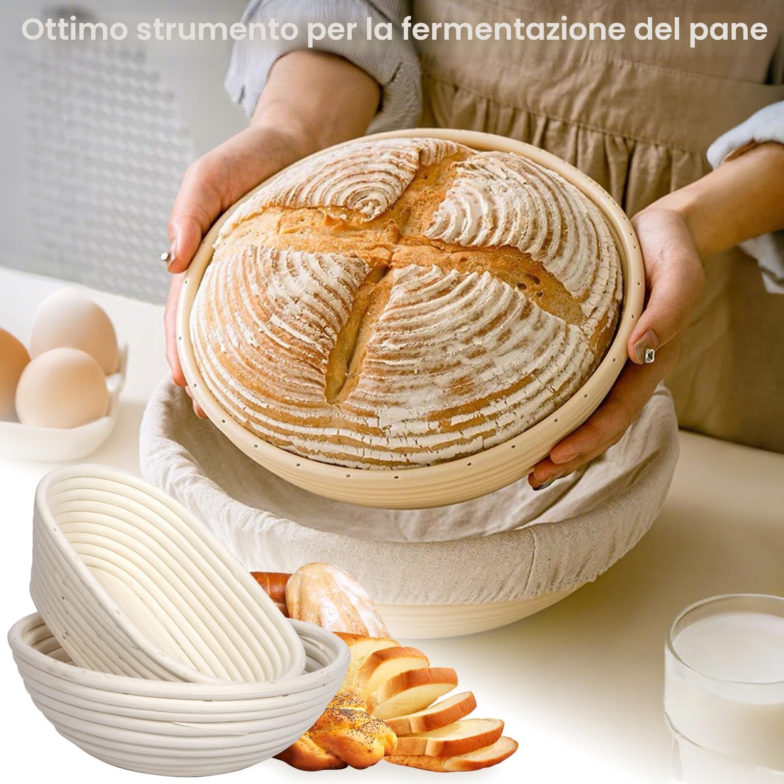 Set di cestini per il pane, set da 10 pezzi per lievitazione naturale, cestini per pane rotondi, diametro 25 cm e ovali, diametro 23 cm, accessori per la cottura del pane