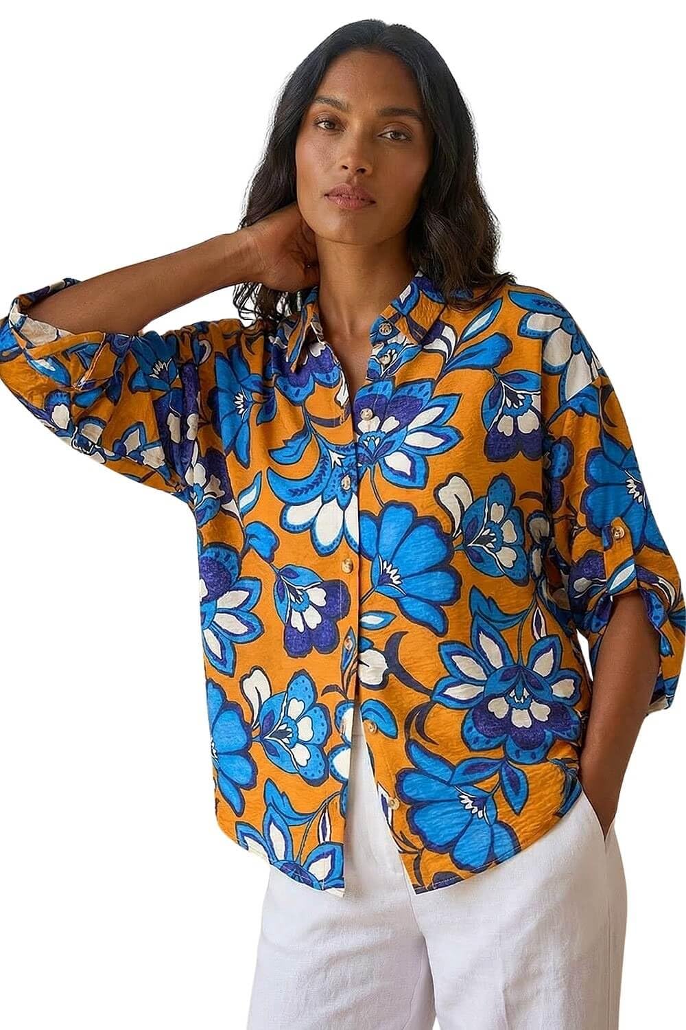 Roman Shirt for Women Ladies Cotton Blouse Button Through Tunic Printed Top Work Long Sleeve Smart Casual Going Out Work Office V Neck Everyday Evening Event - Orange Floral - Size 10