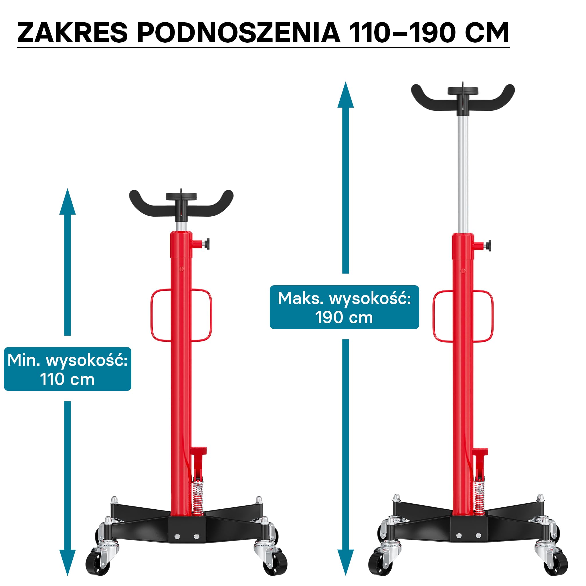 Wiltec Podnośnik do skrzyni biegów do 500 kg nośności i wysokości 110-190 cm, lewarek hydrauliczny na 4 kołach z dociskaczem nożnym