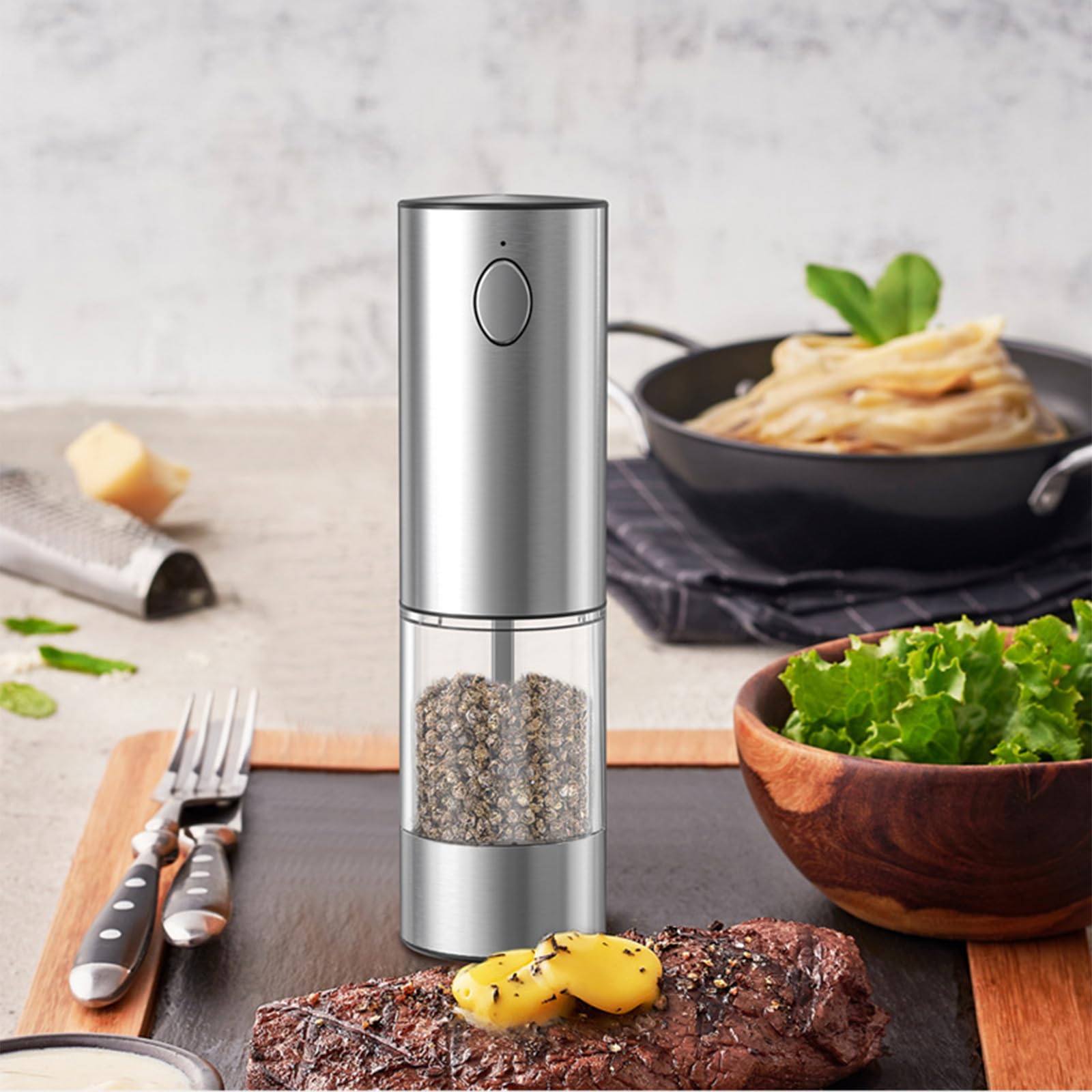 Set macina sale e pepe elettrico,Macinapepe automatici,Macina spezie con macinino in ceramica regolabile con granulometria regolabile,acciaio inox,per cucina e barbecuegrana - Argento