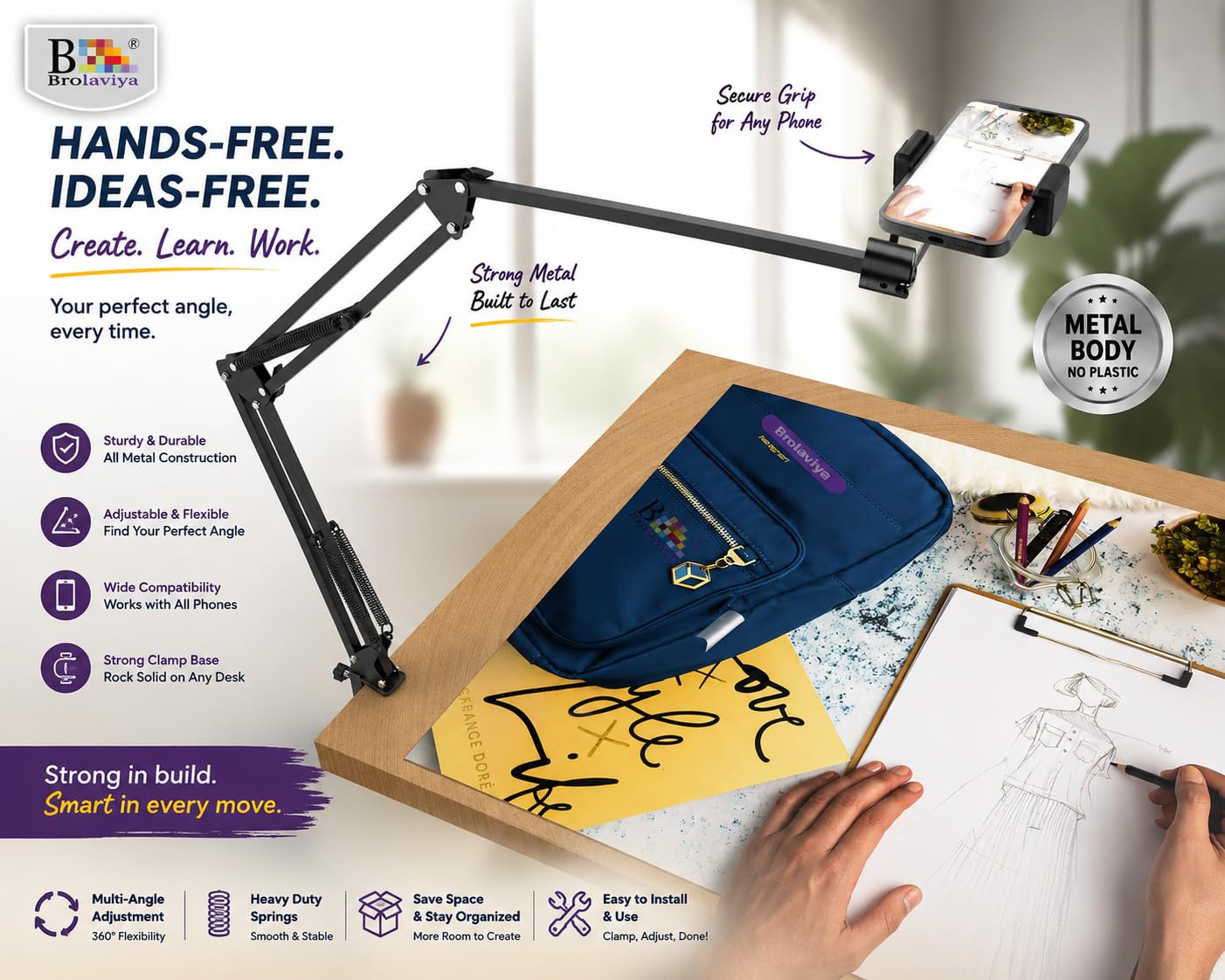 BROLAVIYA Overhead Video Mobile and Tablet Stand, New Extra Long Arm, 1/4" Head 2 Way Base clamp, and Brackets for Mobile Phone and Tablet, for Overhead Video, Desktop, Bedroom, Office, Black 4