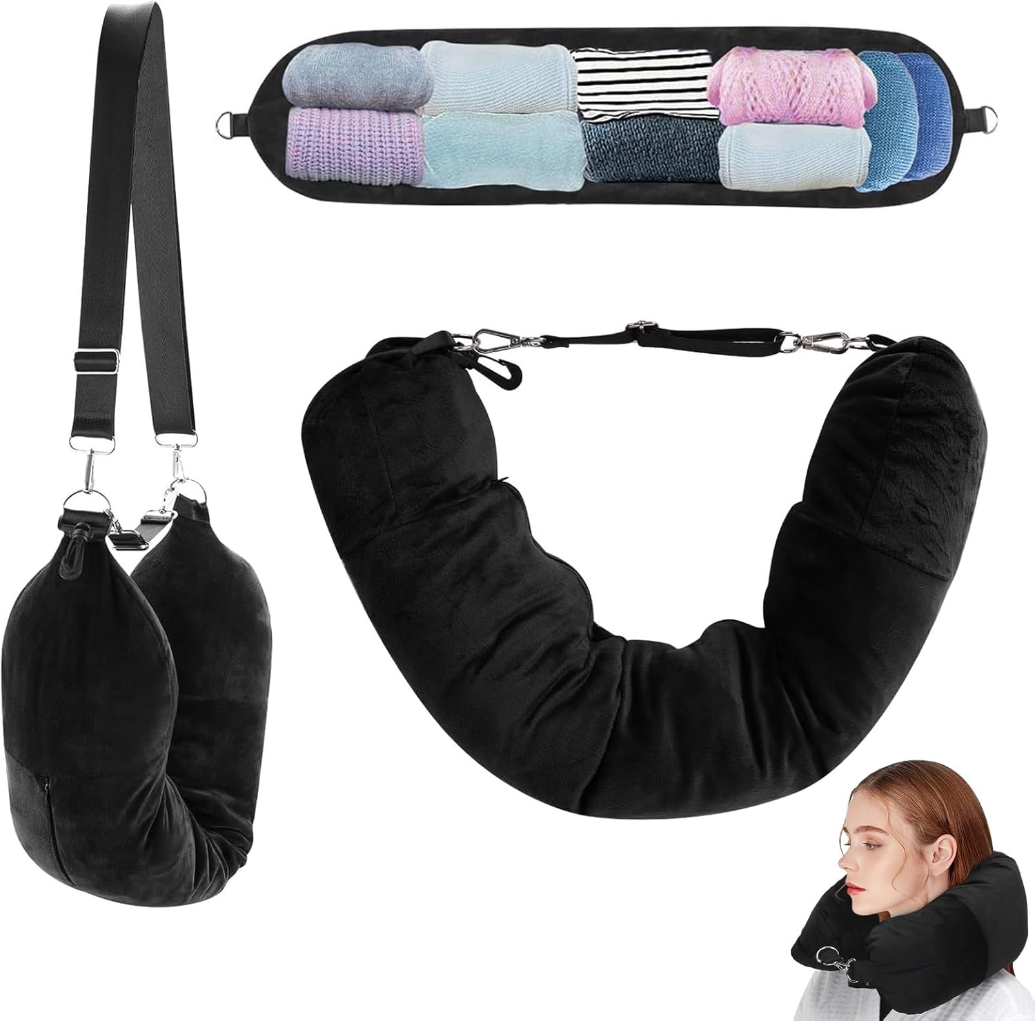 HSLXBY Cuscino Viaggio Riempibile,Cuscino da Viaggio Multifunzionale a Forma di U, Cuscino per Aereo Collo,Riempibile Con Vestiti,per Viaggiare in Auto o in Aereo (Senza Riempimento) (Peluche Nero)