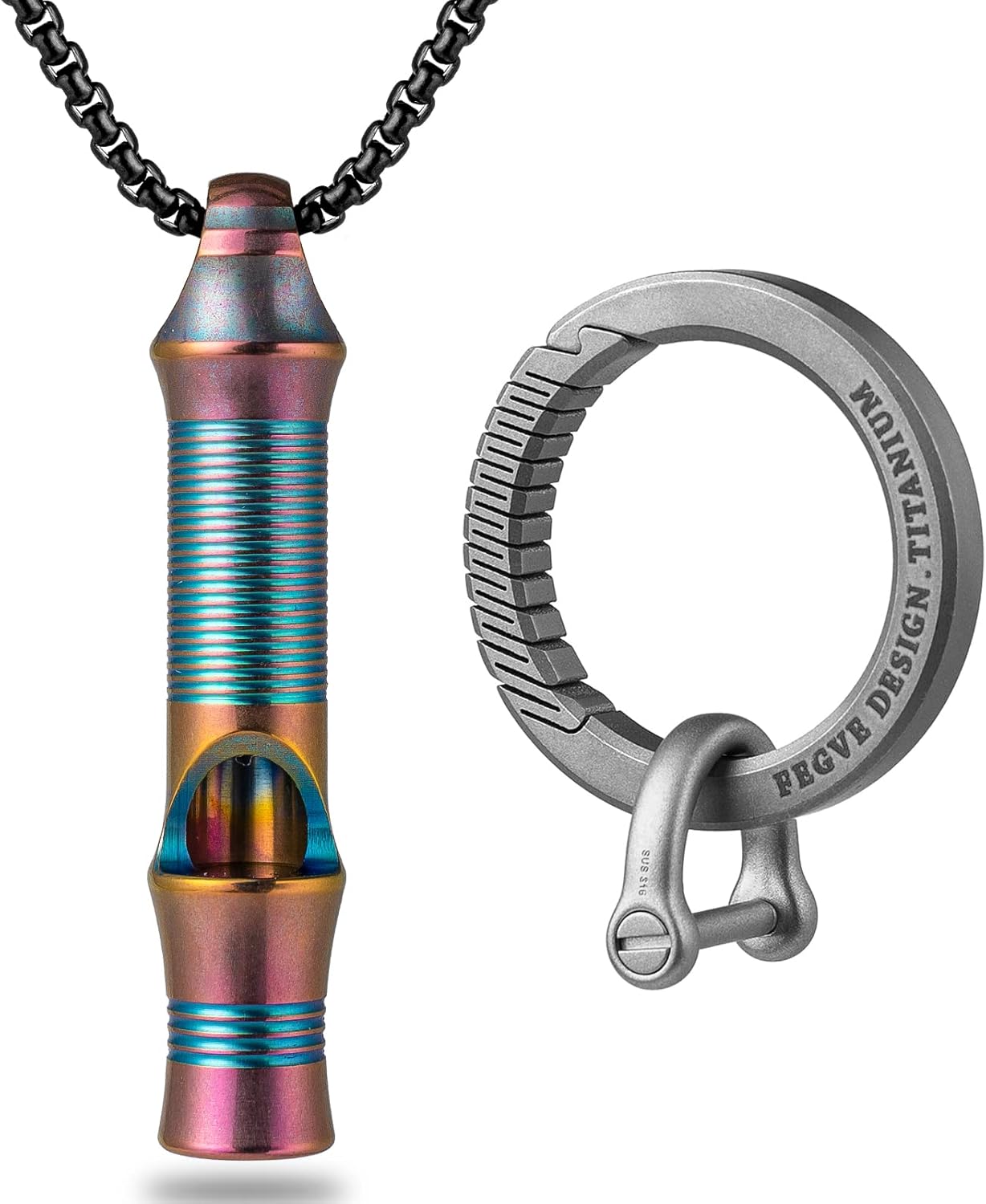 TISUR Titanium Emergency Keychain Necklace Whistle Titanium Round Carabiner Clip