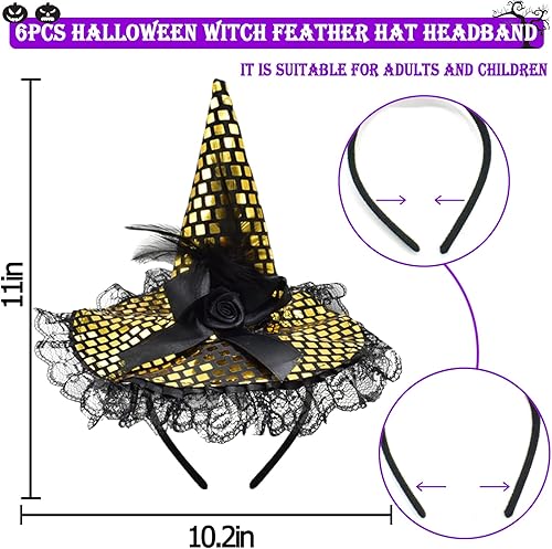 Miniatura 9 de ZeeDix Diadema de sombrero de plumas de bruja de Halloween, bonito tocado de bruja para disfraz de Halloween, suministros de mascarada