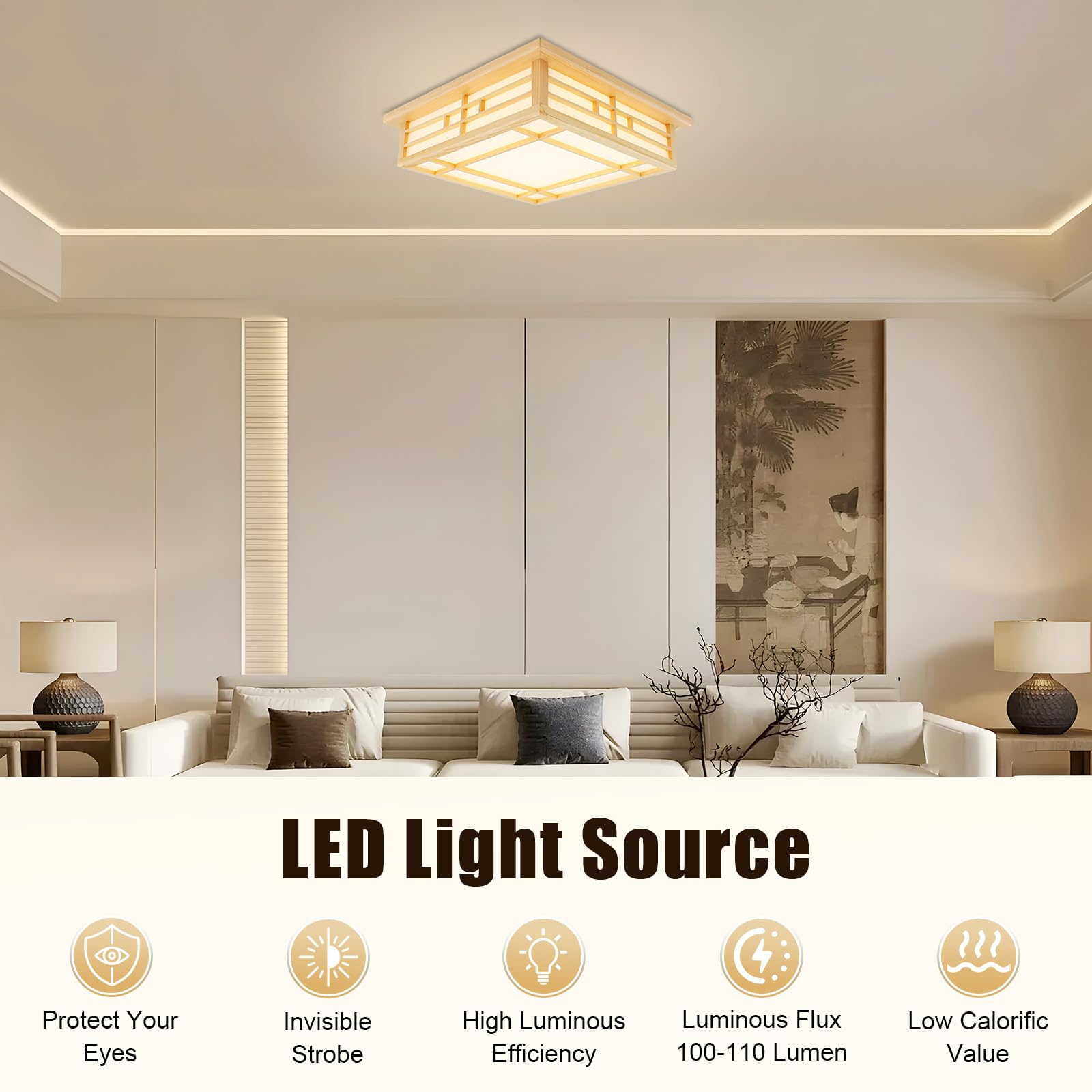 LED Lampen Deckenlampen Holz Quadratisch 3000K 24W Schlafzimmer Lampe Decke Japanische Deckenleuchte für Bad, Küche, Schlafzimmer, Wohnzimmer, Esszimmer (45 x 45cm)
