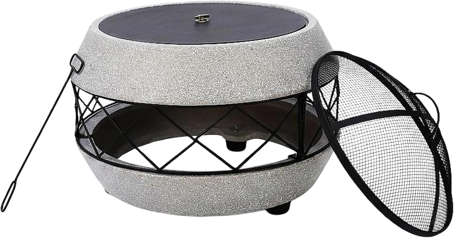 Wood Burning Concrete Outdoor Fire Pit,Heat Resistant MGO Ceramic Material Base with BBQ Grill Firepit for Patio Garden,Backyard Barbecue,Outdoor Gatherings (Round 4)