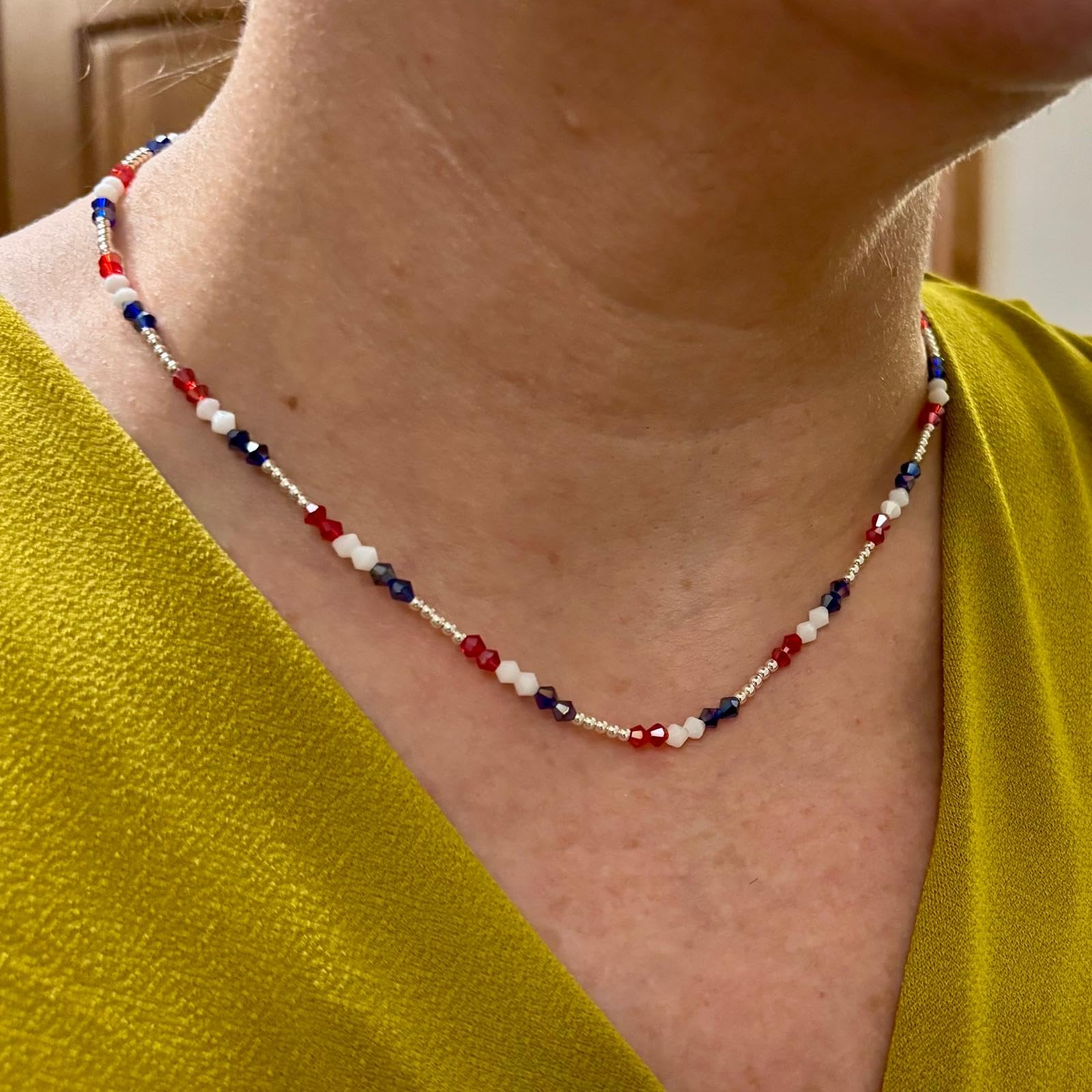 Collar Bandera Francia Plata de Ley 925 Cuentas Tricolor 44cm