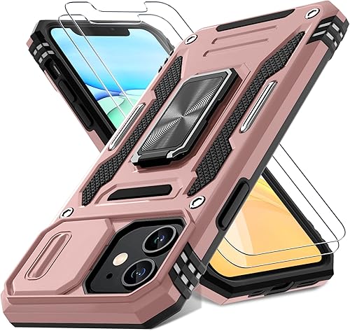 DEERLAMN Funda para iPhone 11 con cubierta deslizante para cámara + protector de pantalla (2 unidades), soporte de anillo giratorio de grado militar