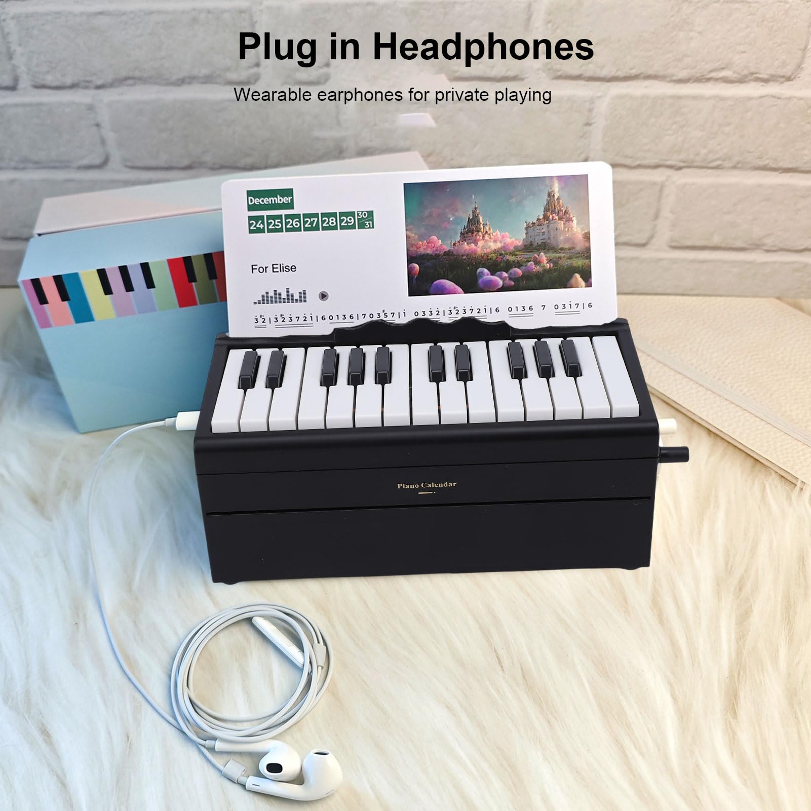 Btuty Calendario de Piano Reproducible BT de 25 Teclas, Teclado Electrónico con 52 Canciones Mundialmente Famosas, 8 Modos Instrumentos, Luces LED, Decoración Escritorio Música (Negra)