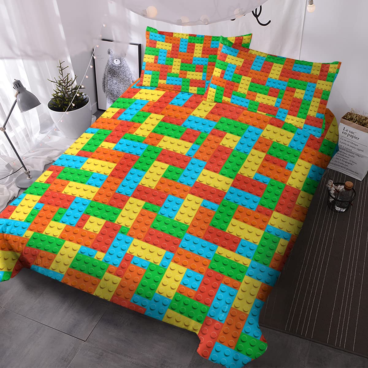 BlessLivingBoys Single Size Bedding Set Colorful Plastic Toy Building Blocks Duvet Cover Set 3 Piece Toy Construction Building Blocks Printed Comforter Cover Set for Teens Kids Boys Girls (Single)