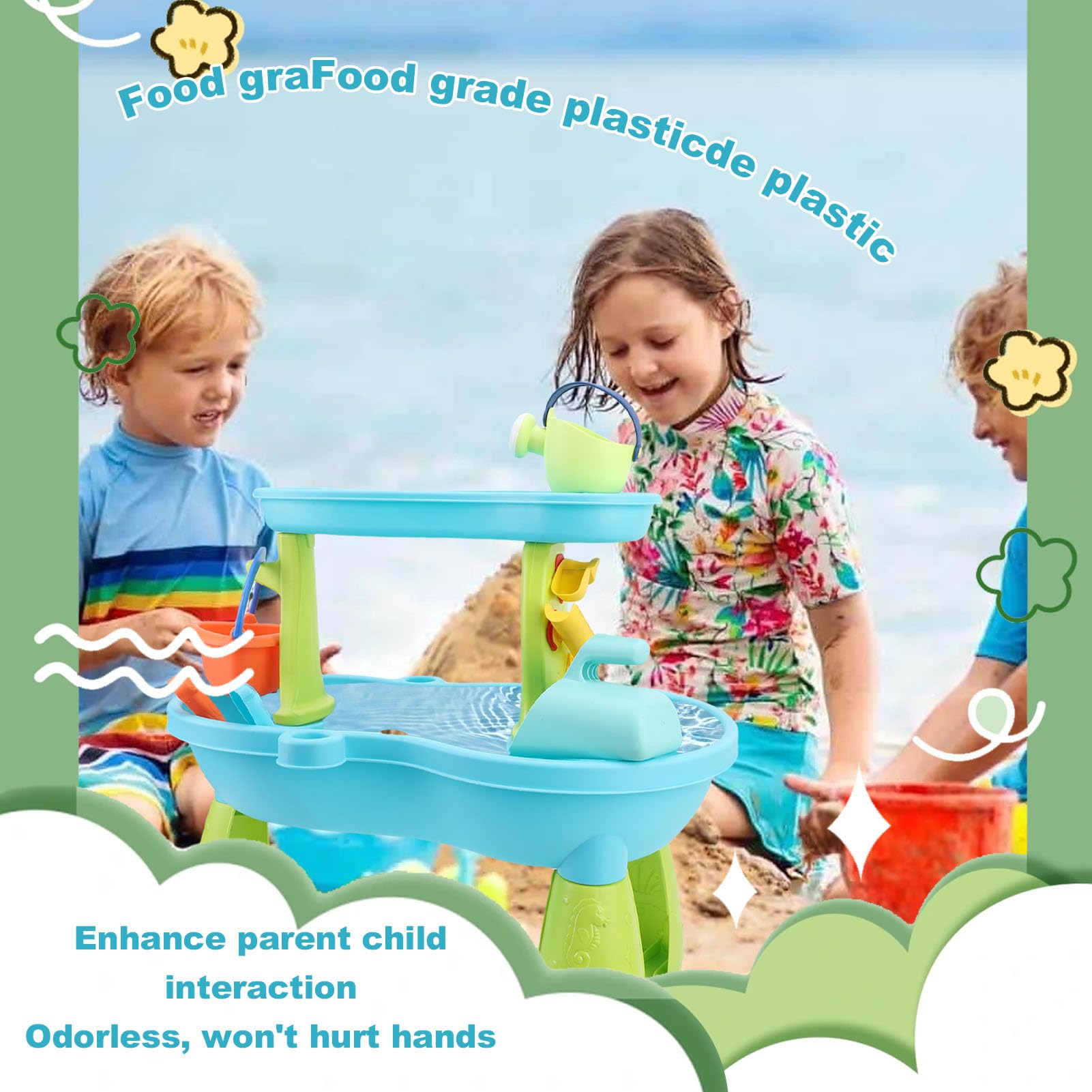 Cryfokt Sand- und Wassertisch für, Großer Wassertisch Im Strandstil mit Zwei Zonen, Kleinkind-, Sensorischer Spieltisch mit Schaufel, Eimer, Formenset für den Innen- und Außenbereich Im Alter von 1