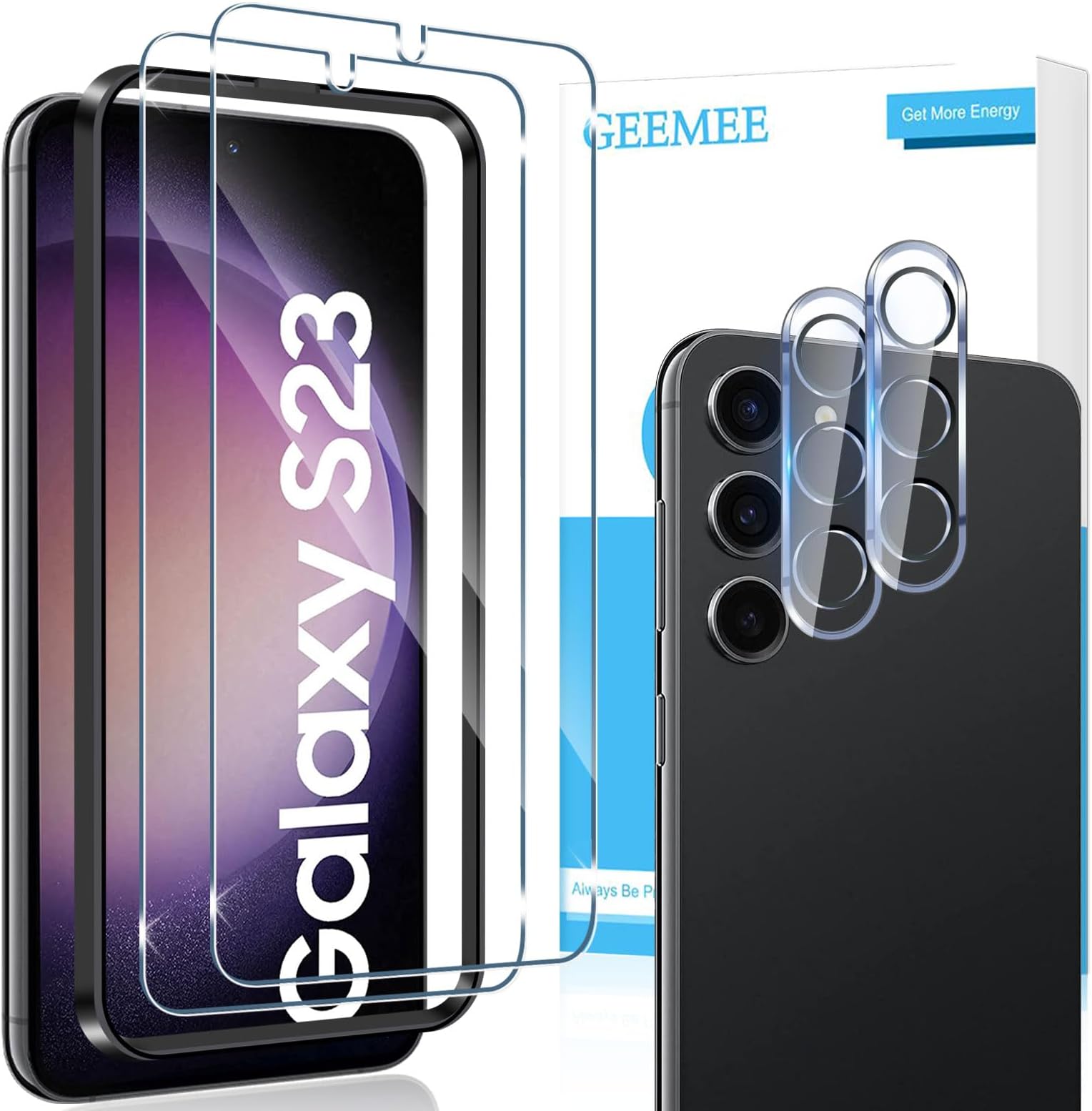 GEEMEE for Samsung Galaxy S23 for tempered glass screen protector and camera protective film, 2 + 2 Pack 9H film hardness tempered protective glass high sensitivity screen protector