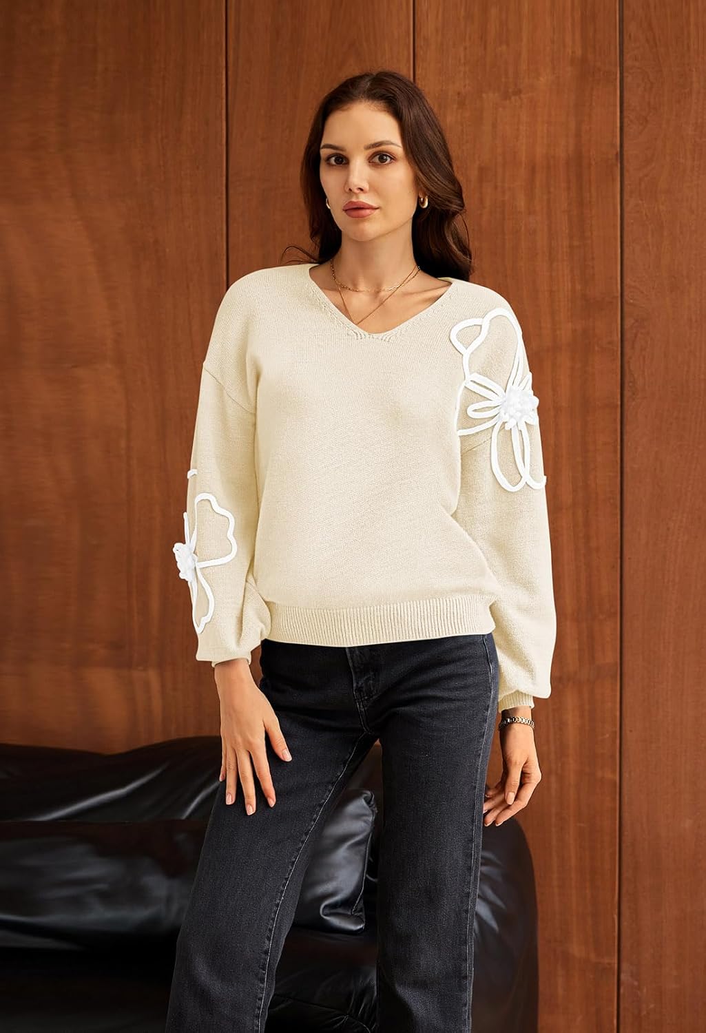 Pink Queen Women's Pullover Sweaters 2025 Knit Floral V Neck Tunic Pullover Long Sleeve Oversized Fall Casual Sweater - Image 4