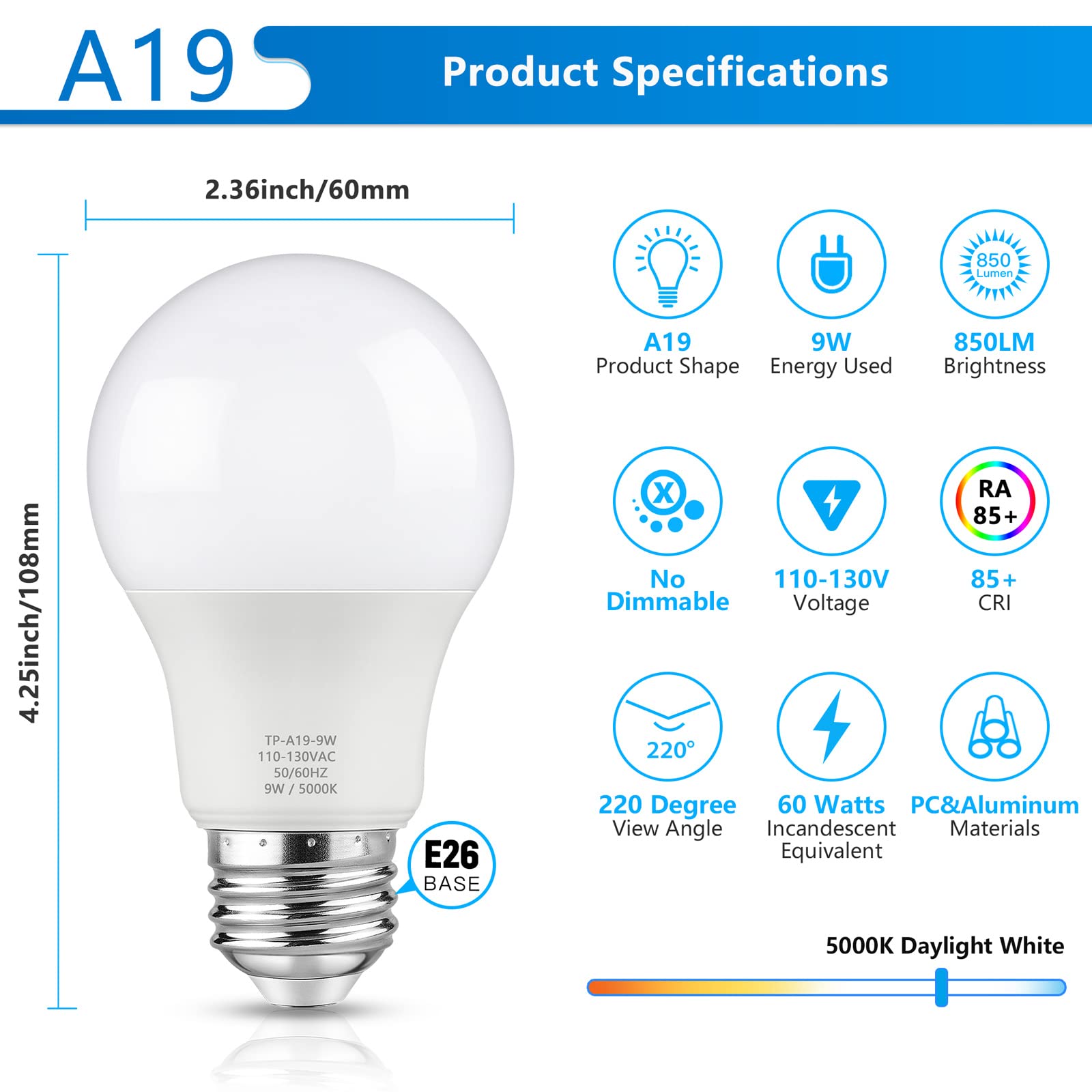 A19 LED Light Bulb 60 Watt Equivalent LED Bulb Daylight White 5000K 850 Lumen E26 Base Non-Dimmable 9W — view 4