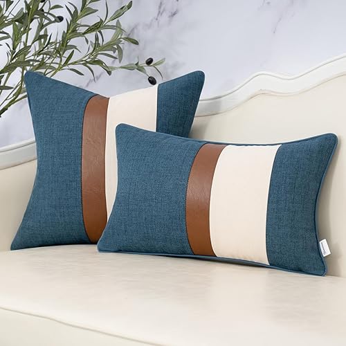 Miniatura 5 de Funda de almohada lumbar de lino de estilo rústico azul, funda de cojín rectangular de piel sintética neutra, para sofá, dormitorio, sala de estar,