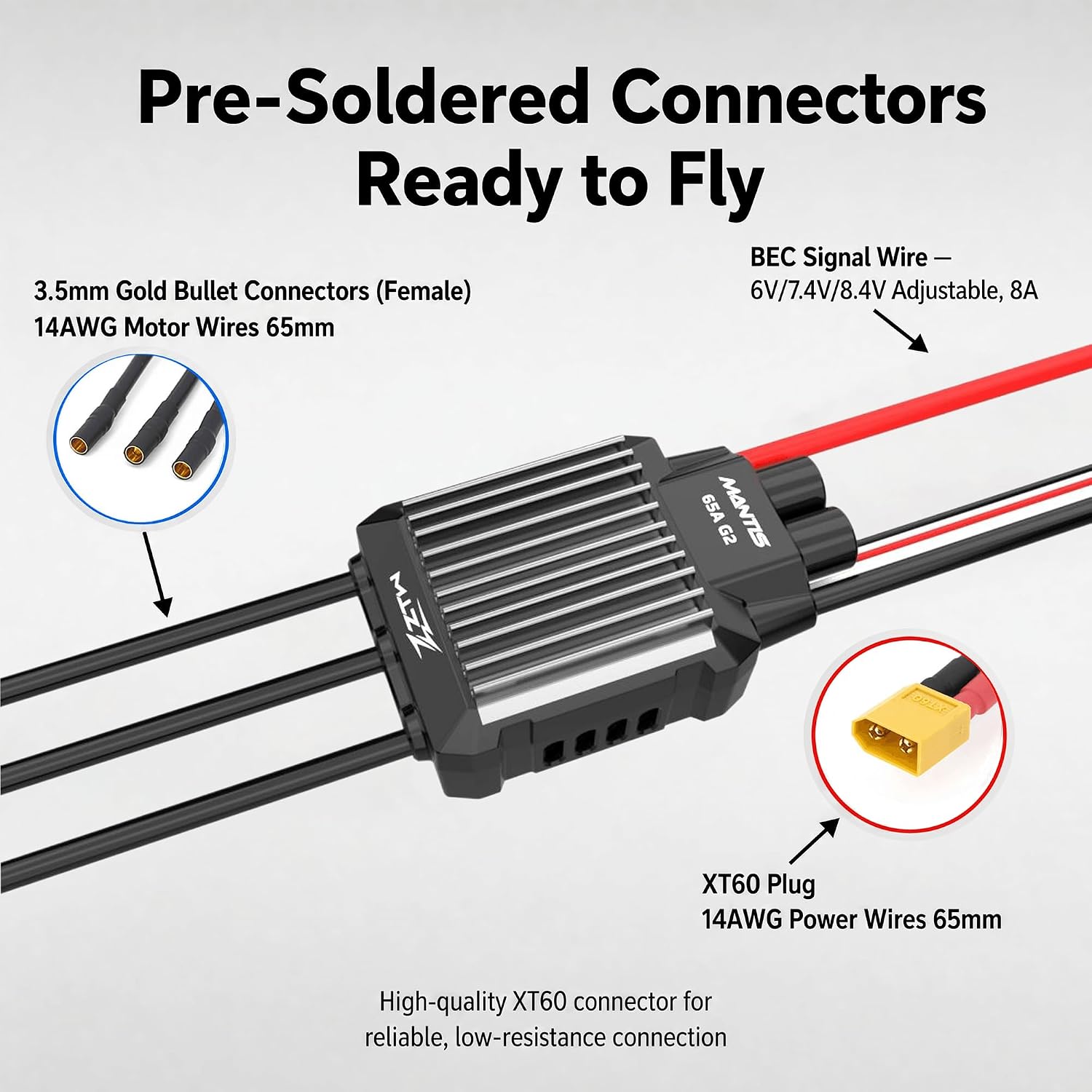 ZTW Mantis G2 65A Brushless ESC 3-6S LiPo/LiHV, 8A Adjustable SBEC 6V/7.4V/8.4V, Programmable RC Airplane Speed Controller with XT60 and 3.5mm Connectors for Fixed-Wing EDF Jets