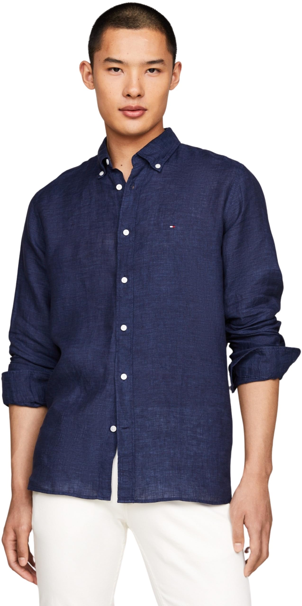 Tommy Hilfiger Men Pigment Dyed Li Solid Rf Shirt Casual Shirts, Blue, XXL