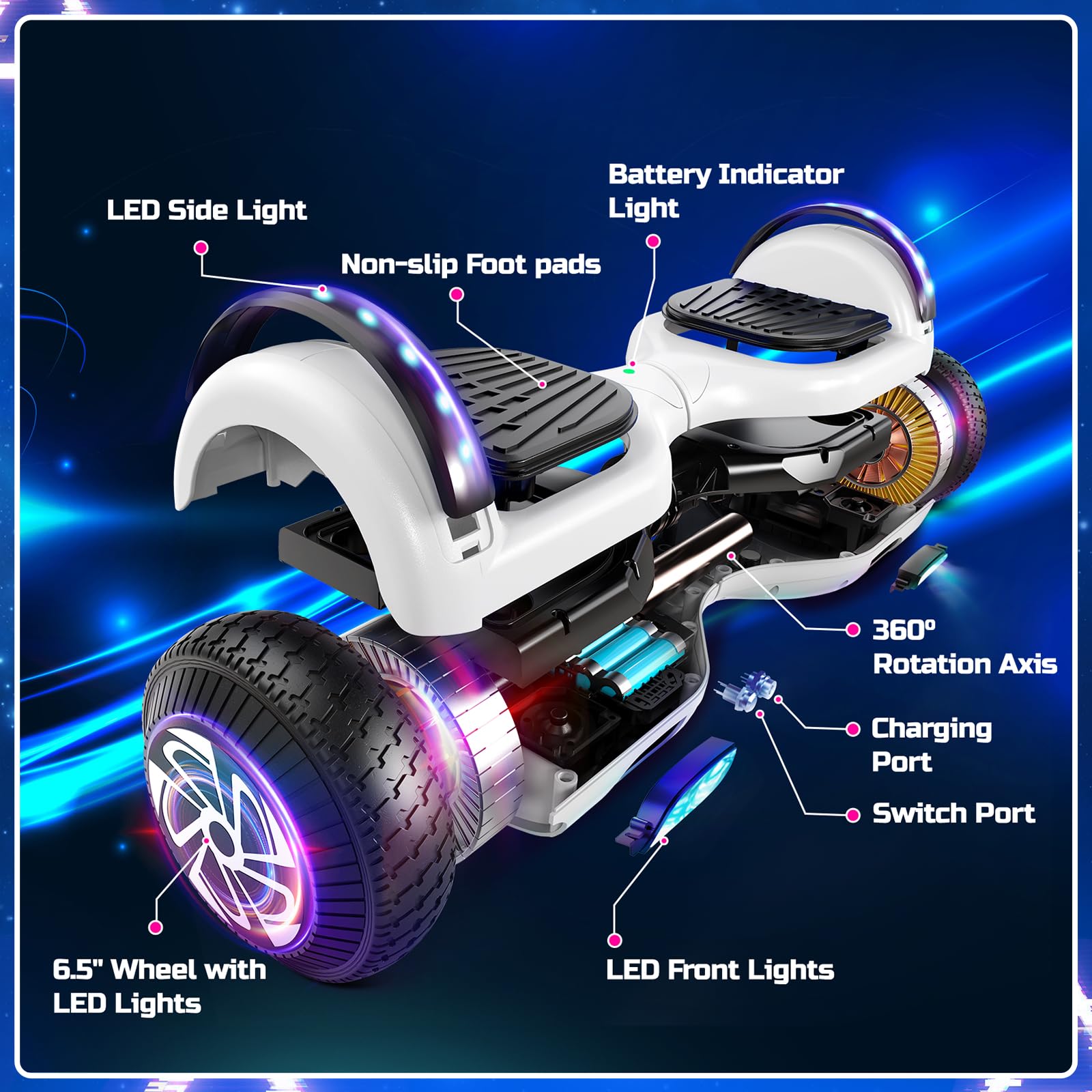 Hoverboard 6.5" Overboard Hover Borad ze światłami LED/Bluetooth, deskorolka hoverboards, prezent dla dzieci