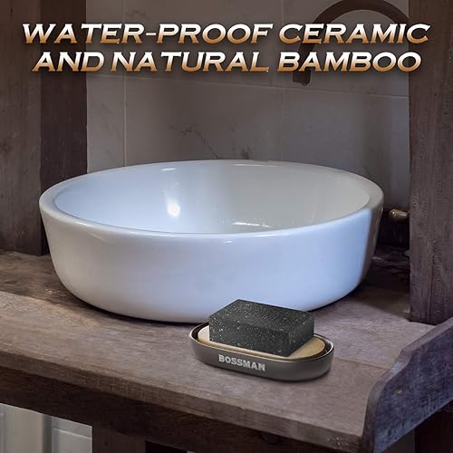 Vista 5 de Bossman Jabonera - Soporte para barra de jabón para baño y ducha, base de cerámica de primera calidad, bandeja de jabón de bambú natural extraíble