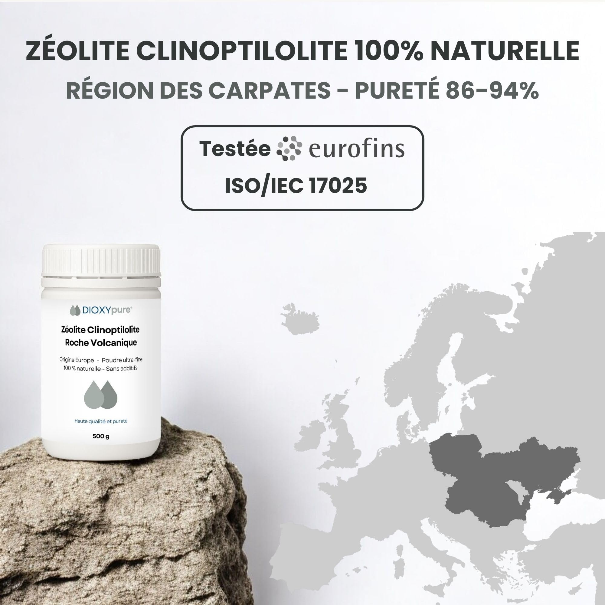 Zéolite - Roche volcanique pure et 100% naturelle - Pureté ≃94% en Clinoptilolite - Origine EU - Poudre ultra-fine - Sans additifs - testée et contrôlée en Allemagne (250 g)