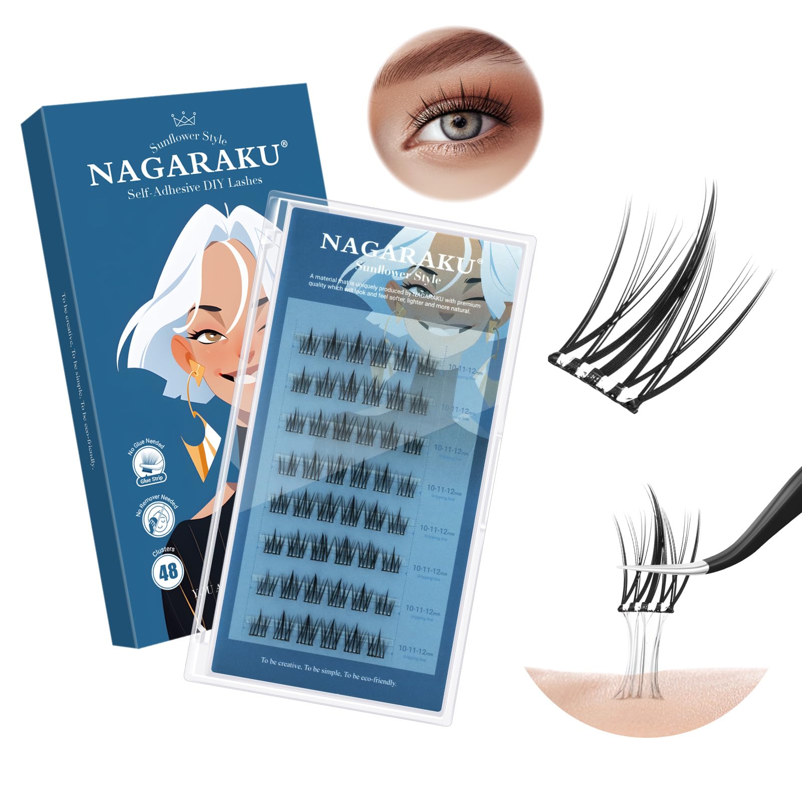 NAGARAKU Pre Glued Cluster Lashes 48 Pcs No Glue Needed Press-on Pre-bond Eyelashes Reusable Self Adhesive DIY Lashes Sunflower Style (SA-007,0.07mm C Curl 10-11-12mm）