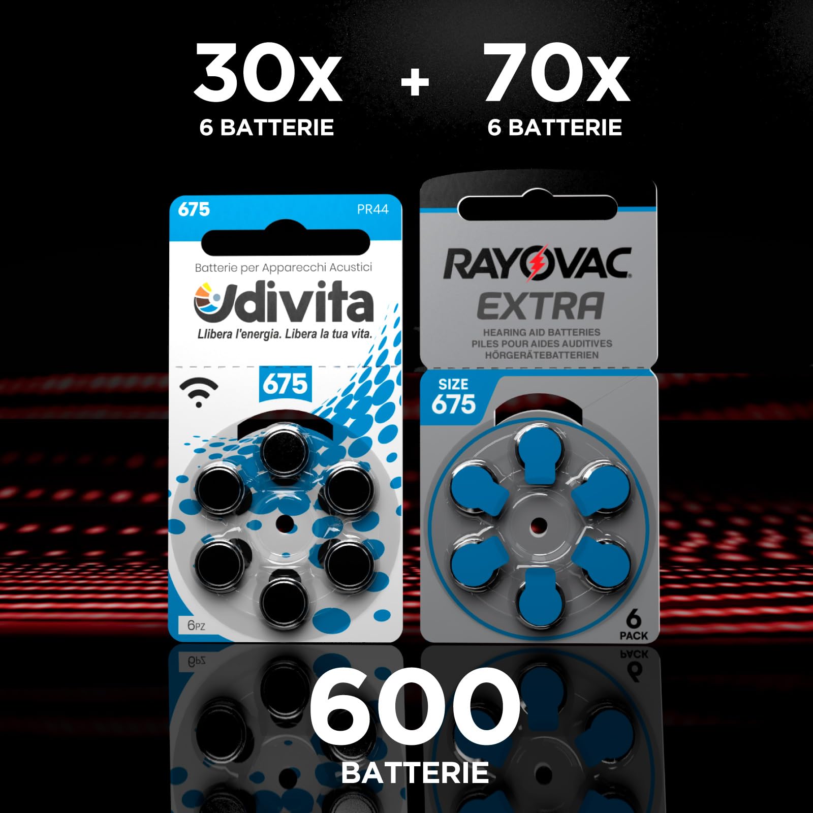 600 Batterie per Apparecchi Acustici Misura 675 PR44 Blu Zinco-Aria Phono Pulse Technology in 10 Blister da 6 Pile - 600 Batterie: 420 Rayovac + 180 Udivita