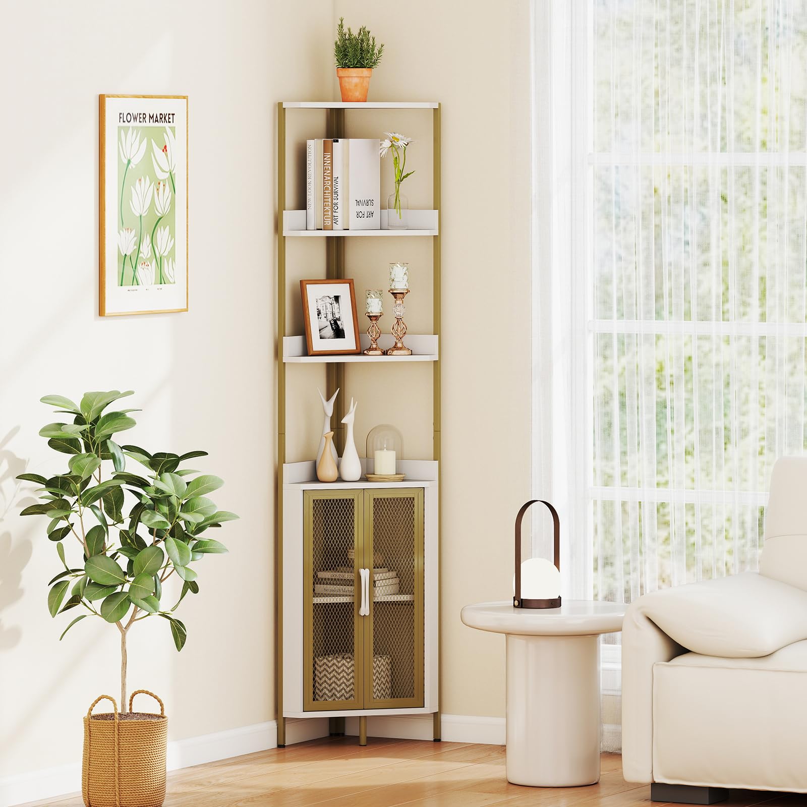 COSTWAY Estanteria Esquinera de 6 Niveles, Estanteria Esquina con Gabinete y Puertas, Estante Ajustable, Libreria Rinconera para Plantas, Salon Dormitorio Oficina Cocina, 32 x 32 x 170 cm (Blanco)