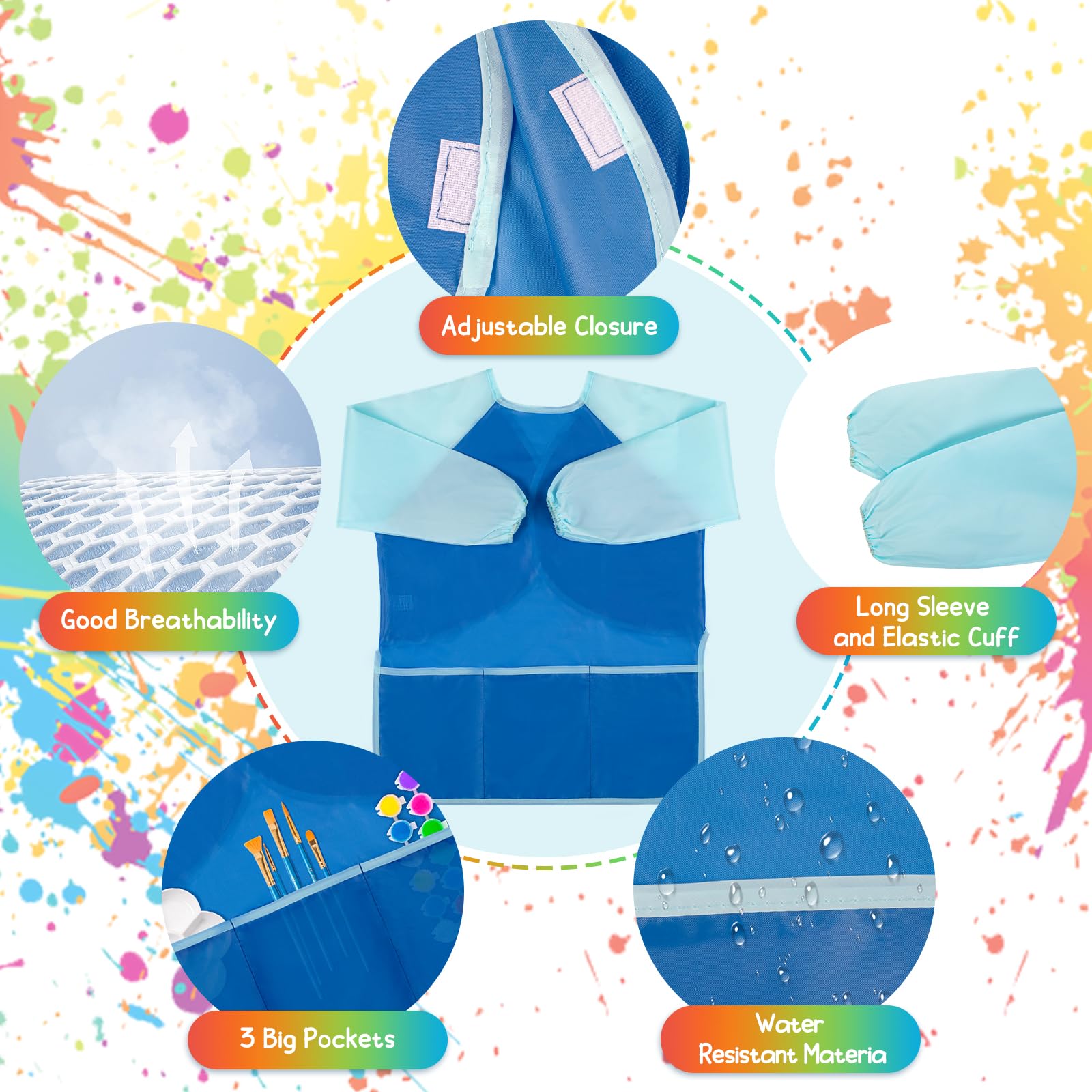 Grembiule da pittura per bambini, impermeabile, con 3 tasche, per bambini dai 3 ai 7 anni