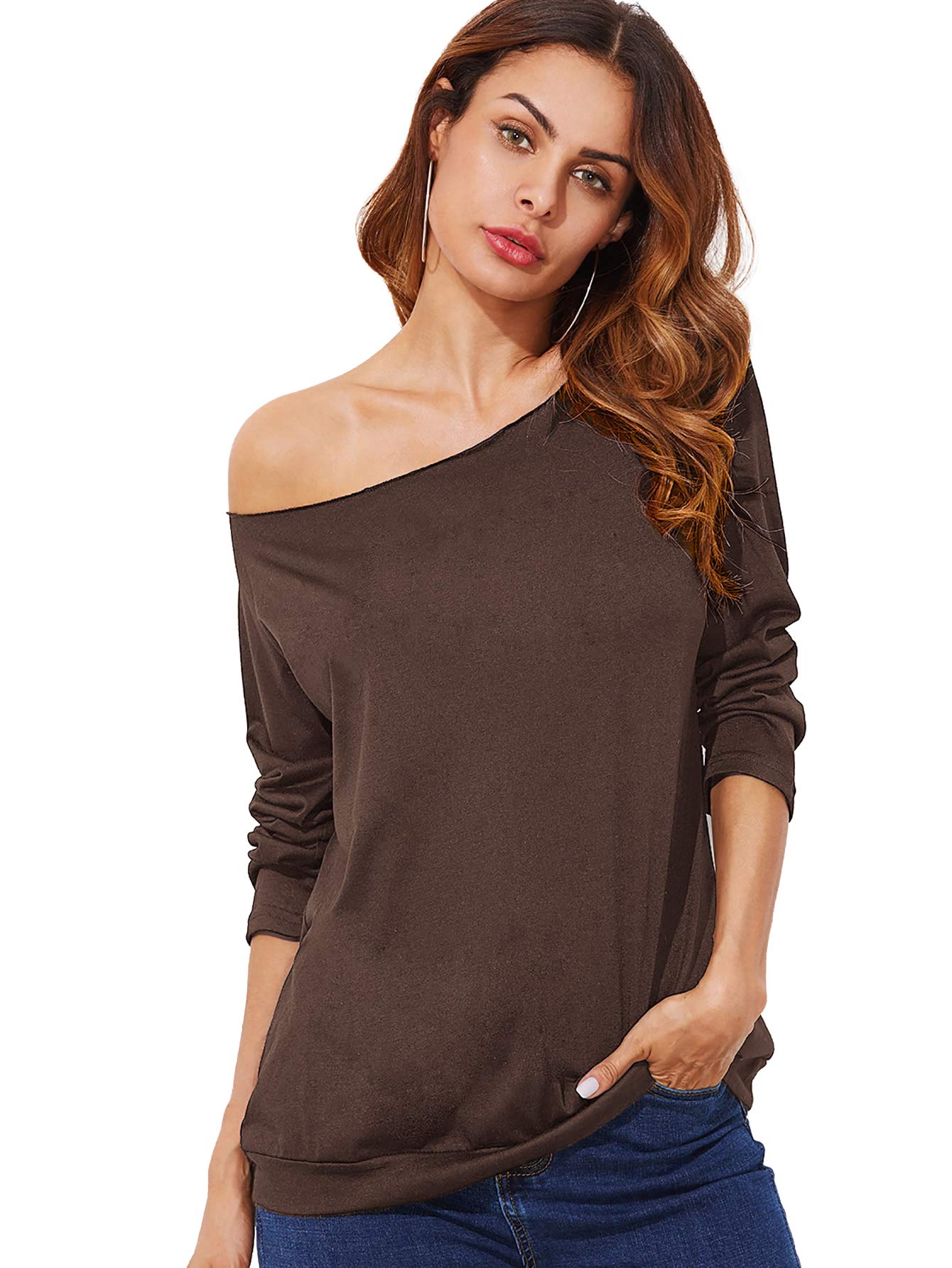 ROMWEWomen's Raw Cut Off the Shoulder Long Sleeve Tee Shirt Top Blouse