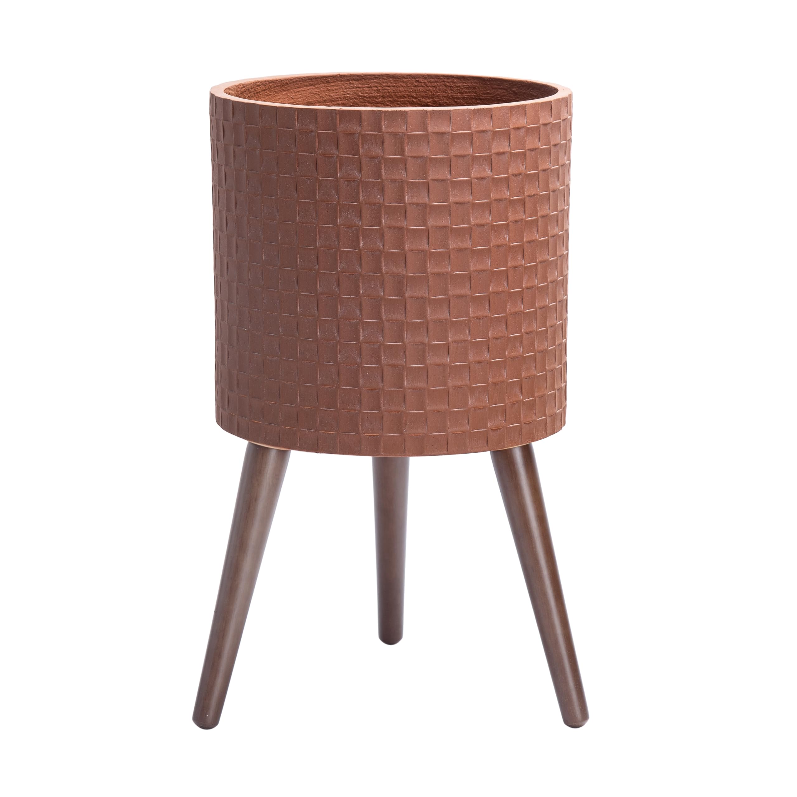 D'vine Dev 12 Inch Modern Geometric Tile Patterned Sleek Planter Pot with Stand, Indoor Outdoor Decorative Plant Holder, Terra Cotta, 88-Z-C-3