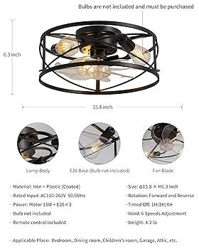 KDG 15.8″ Retro Low Profile LED Ceiling Fans with Light