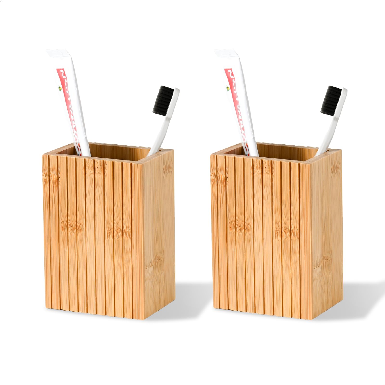 2 Pack Natural Bamboo Toothbrush Holder, Fluted Square Design for Countertop, Multipurpose Pen Holder or Desktop Organizer, Natural