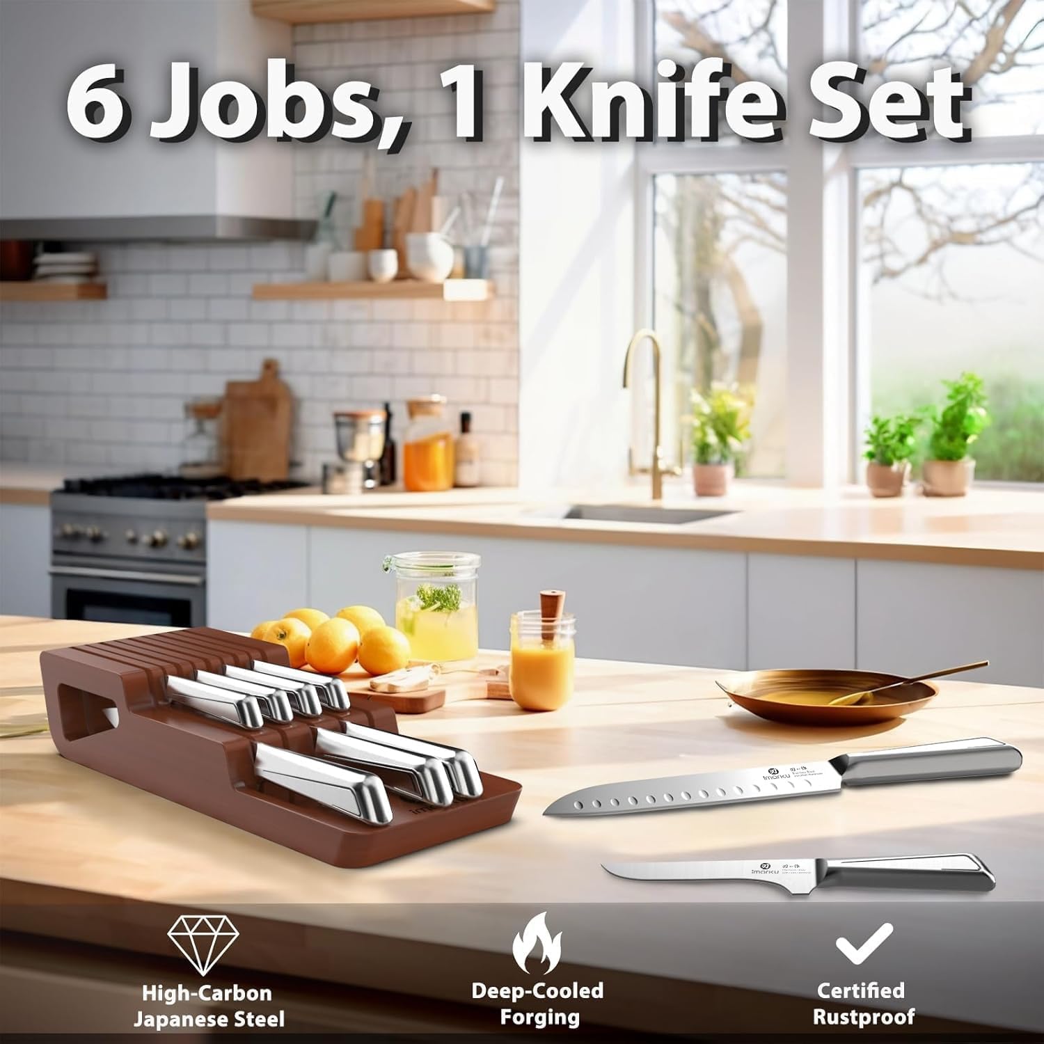 imarku Knife Set, 10 PCS Japanese Stainless Steel Knife Block Set, Kitchen Knife Sets with Wooden Drawer Organizer, Drawer Knife Set,Dishwasher Safe, Ultra Sharp Chef Knife, Gifts for Women Men - Image 7