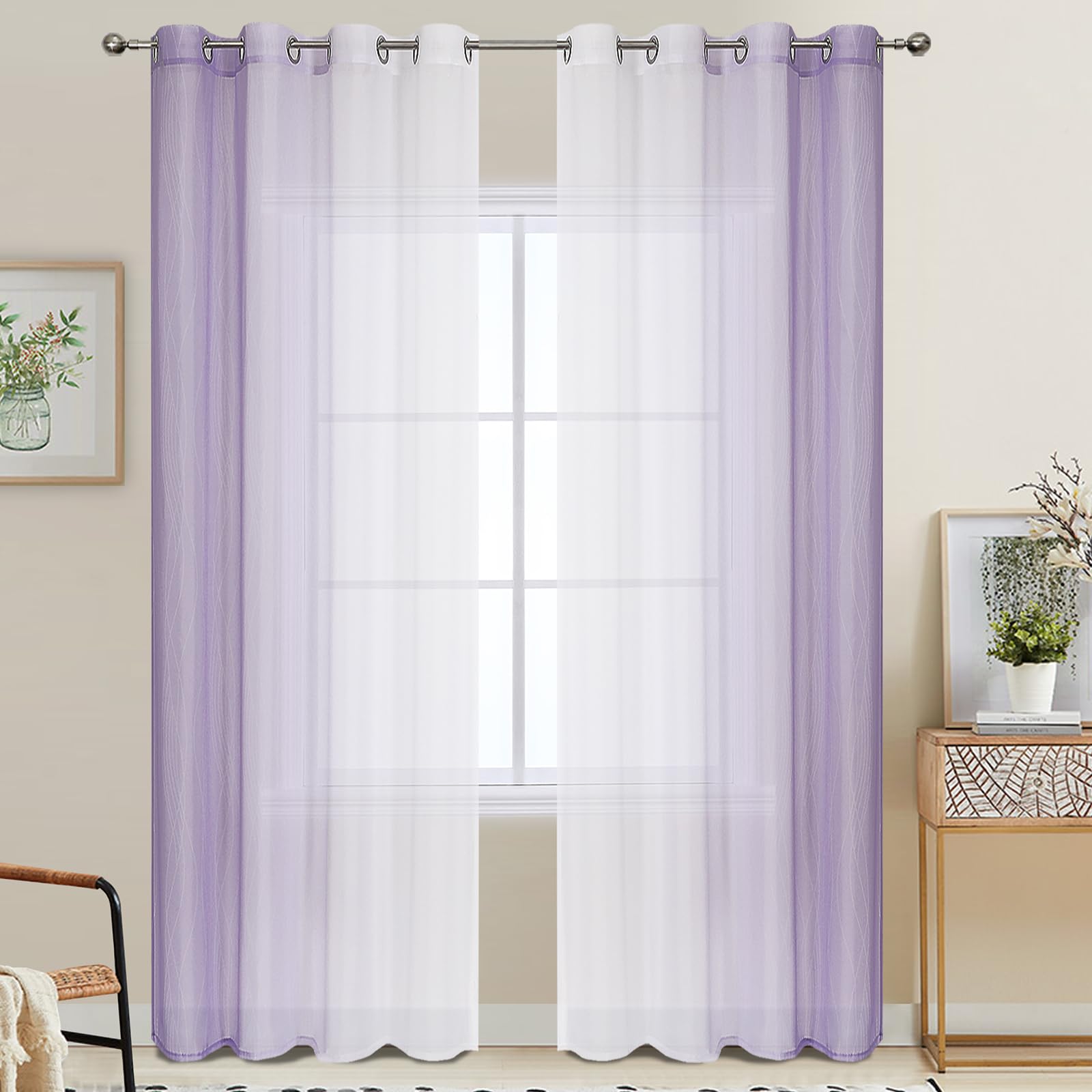 VEHEDE Ombre Window Voile Curtains for Bedroom 84 Inches Drop, Gradient Semi Sheer Curtain for Living Room with Eyelet, Lilac and Greyish White, W52 x L84 Inch 2 Panels