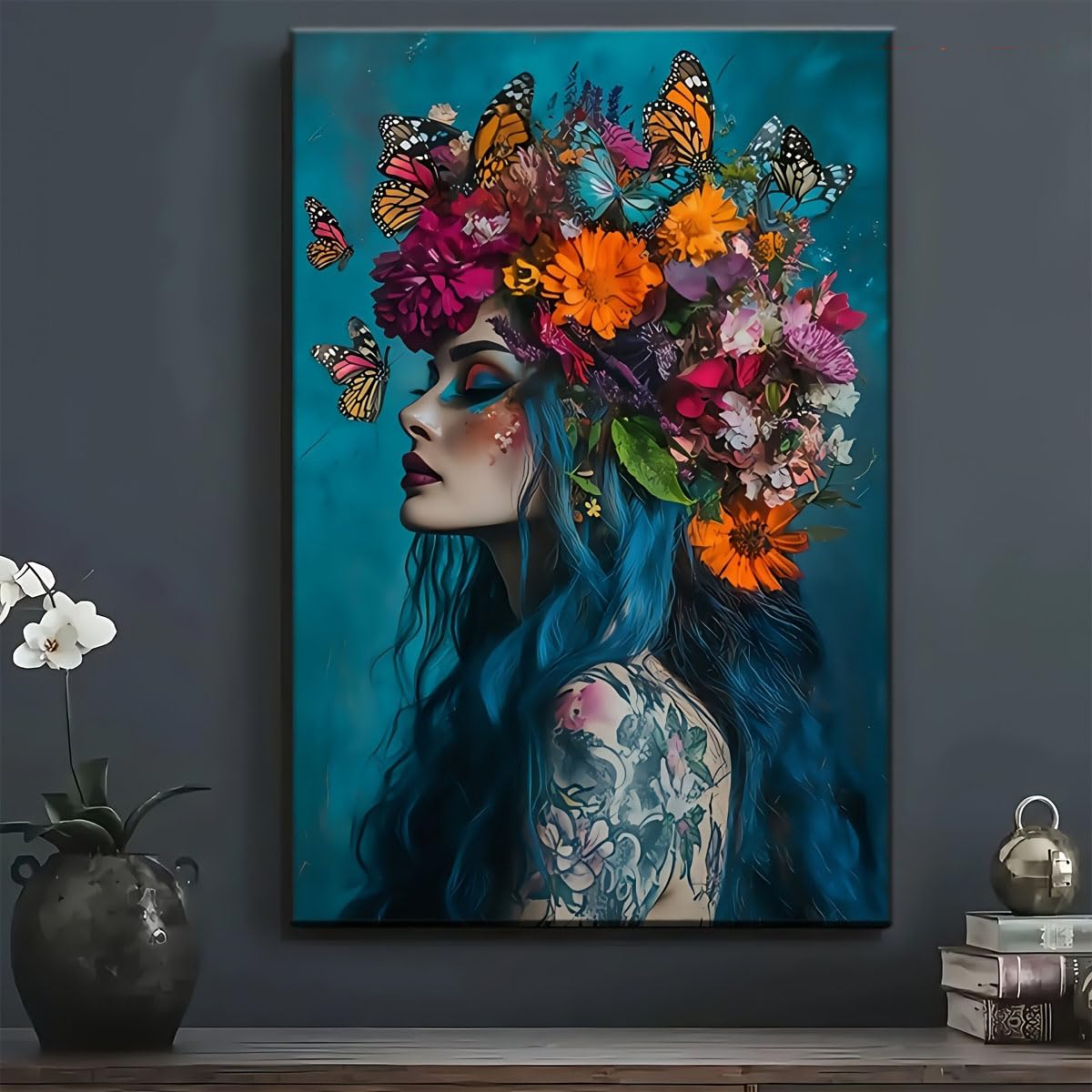 Cuadro al óleo de mujer con corona de flores para salón lienzo moderno de 40x50cm sin marco